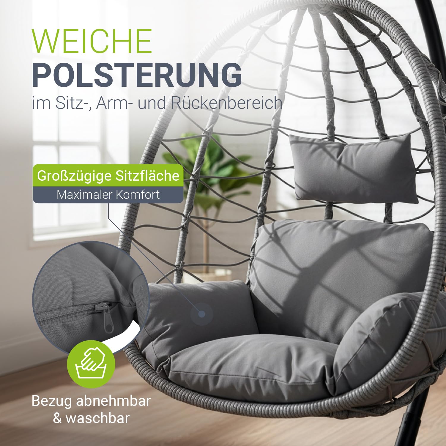 Juskys® Hängesessel Aria mit Gestell höhenverstellbar, faltbar & ergonomisch - Outdoor & Indoor - bis 130 kg - Polyrattan Korbhängesessel inkl. Kissen - Grau