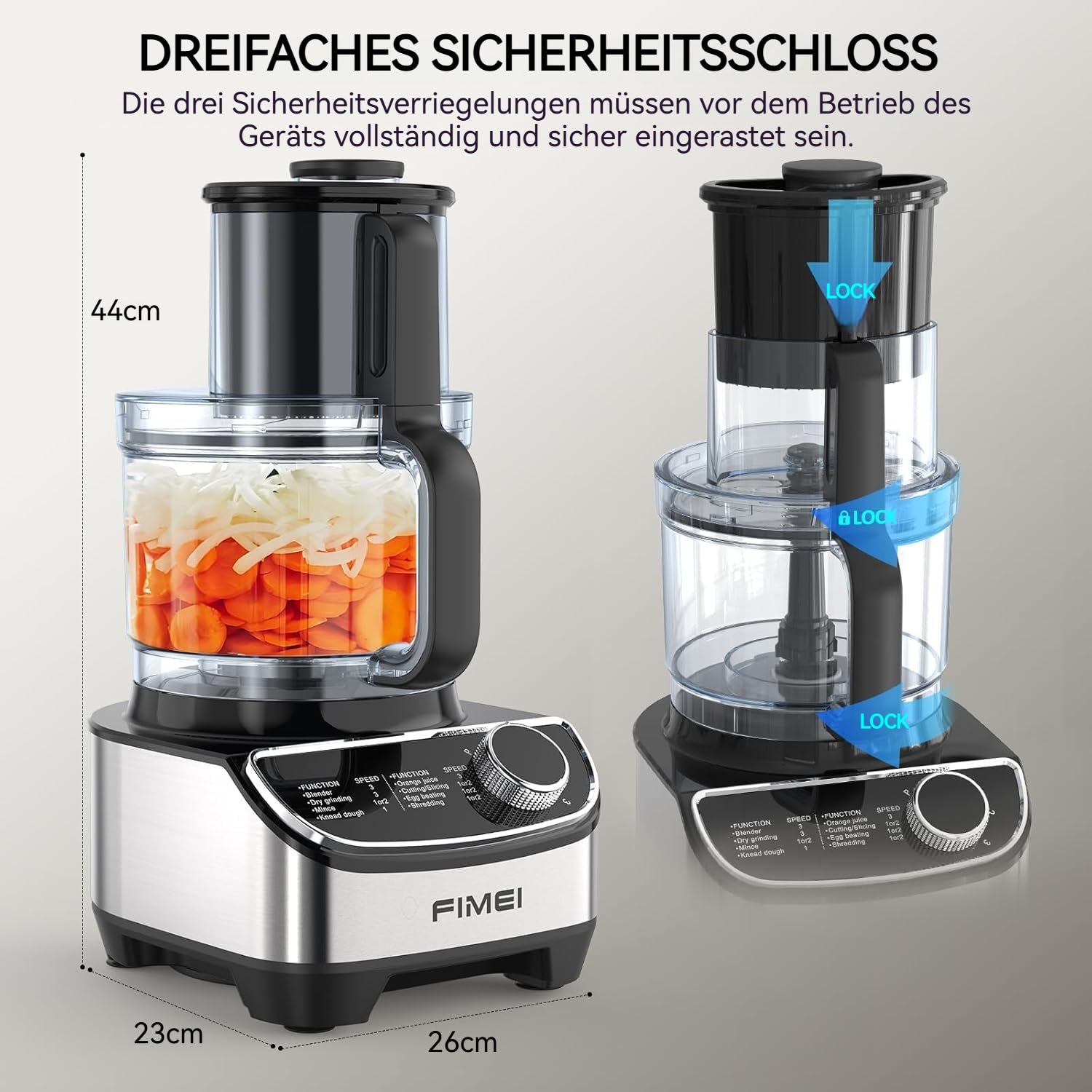 FIMEI Küchenmaschine 1300W, 3 Geschwindigkeiten und Impulsfunktion, 3,5L Zerkleinerer, 1,5L Mixer, Mühle, Zitruspresse, Teighaken, Schneebesen, Reibe, Wendescheibe, Food Processor