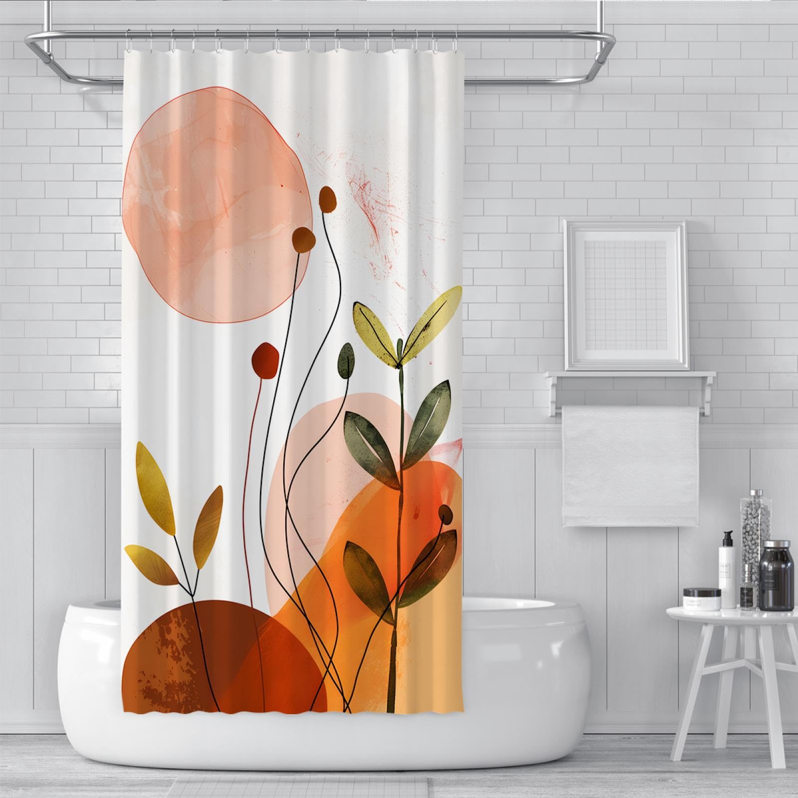 Minimalisme Abstrait Rideau de Douche Feuilles Rideaux de Baignoire colorés Ensemble avec Crochets en Forme de C pour Salle de Bain Cabine de Douche étanche 200 x 240 cm
