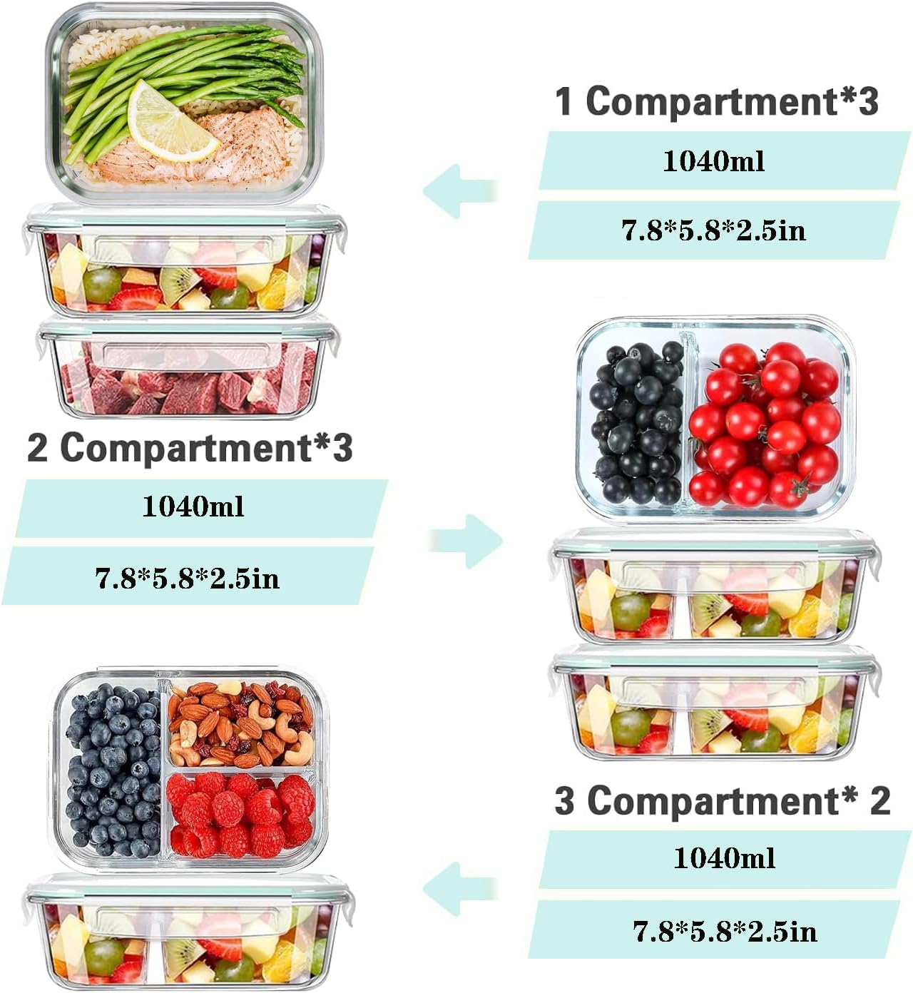 Glass Food Storage Containers, 8 Pack Airtight Glass Containers With Plastic Lids (1040ml/35oz), Lunch Box For Kitchen Storage & Organisation(1 Compartments*3, 2 Compartments*3, 3 Compartments*2)