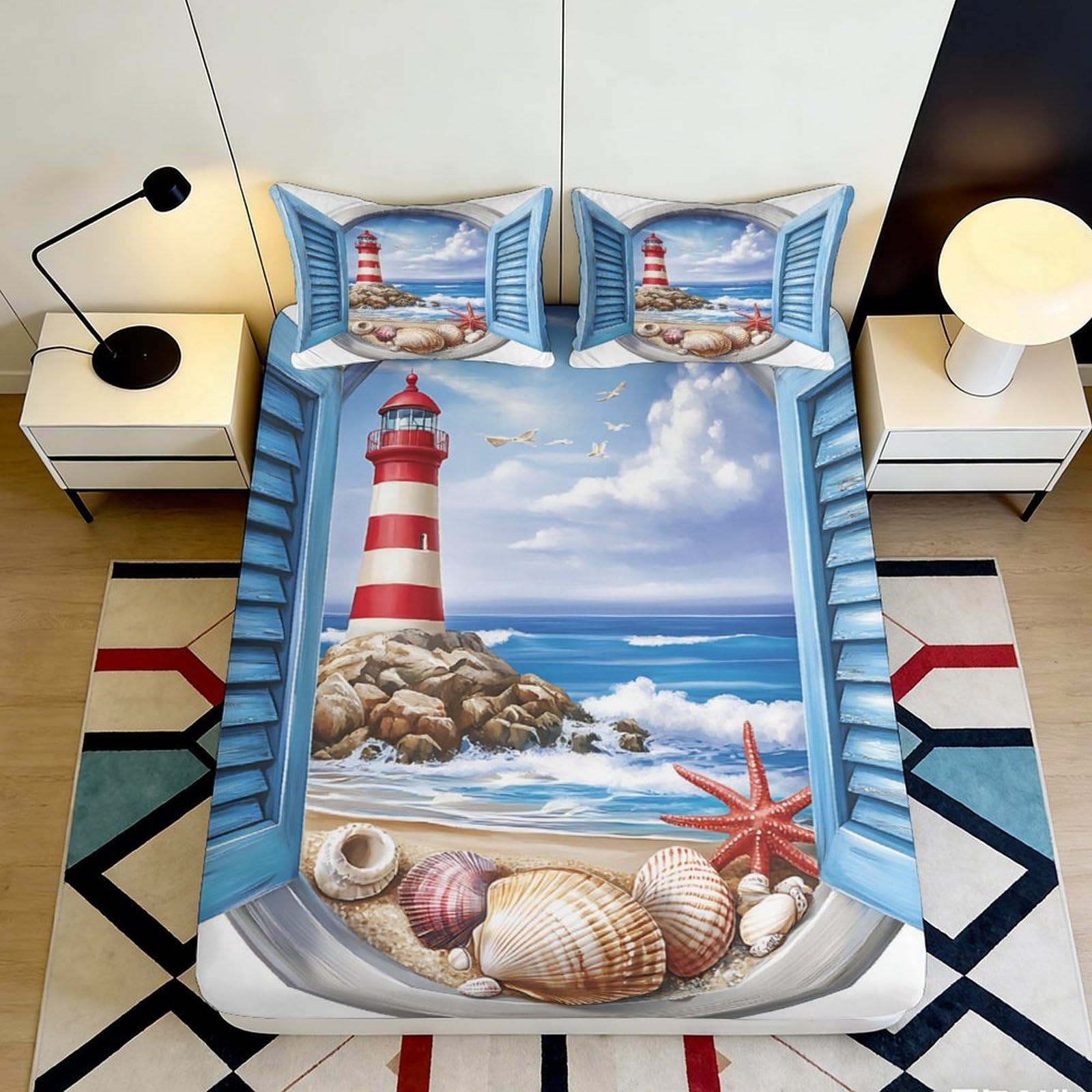 3D Printed Lighthouse and Seashell Fitted Sheet Microfiber Soft Durable Coastal View Bed Cover for Bedroom Dormitory Guest Room Mattress Protection 180x200x25cm