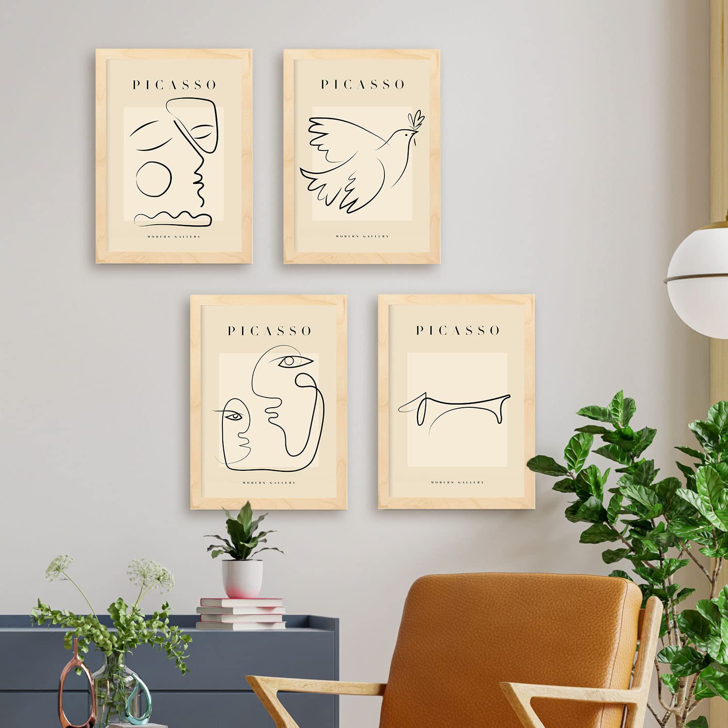 Nacnic Ensemble de 4 illustrations de Picasso. Paix. Illustrations à un seul trait dans le style de la galerie d'art. Peintures pour la décoration intérieure. A4 avec cadre noir.