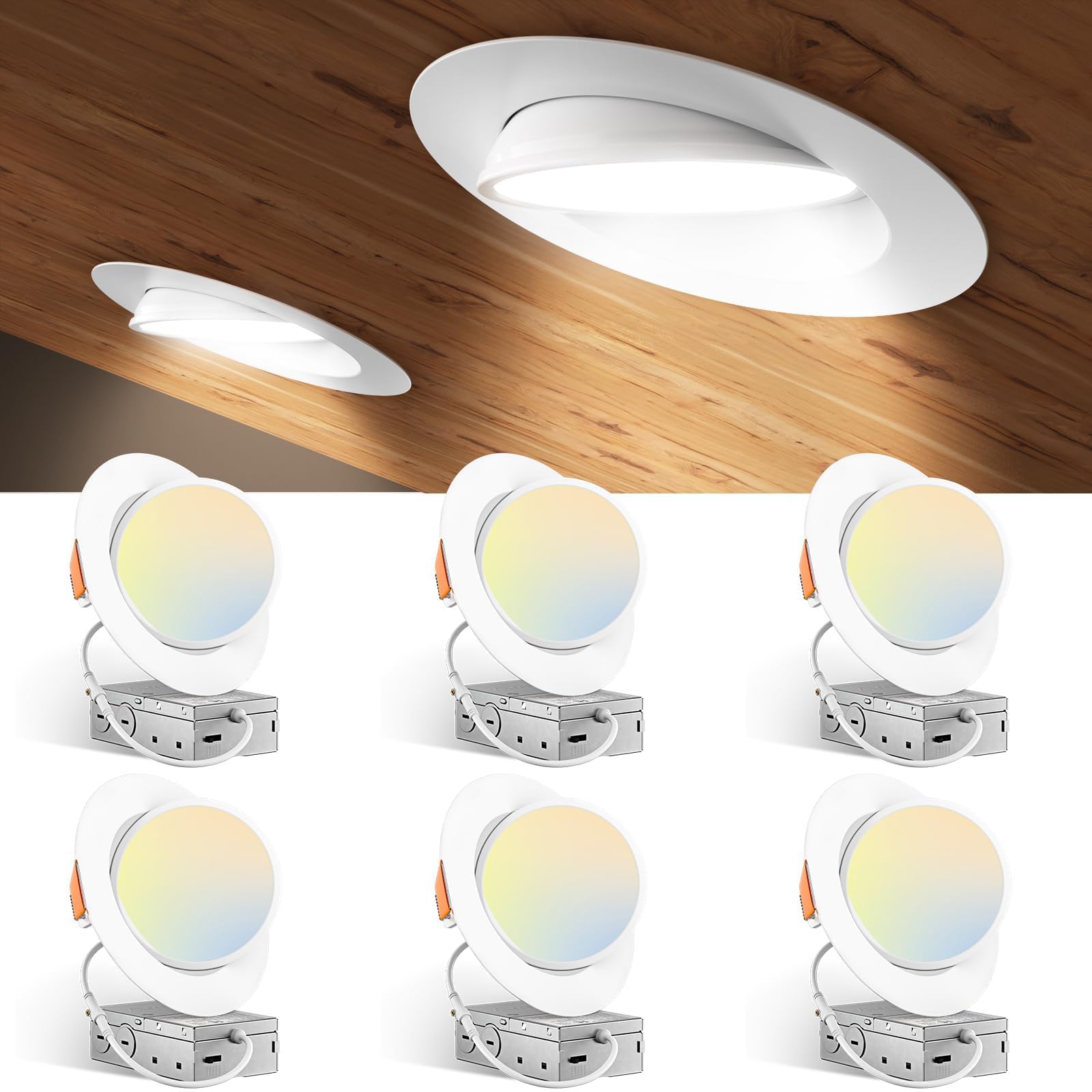 Amico 6 Pack 6 Inch 5CCT Gimbal LED Recessed Lighting - recessed lighting | Mubboo