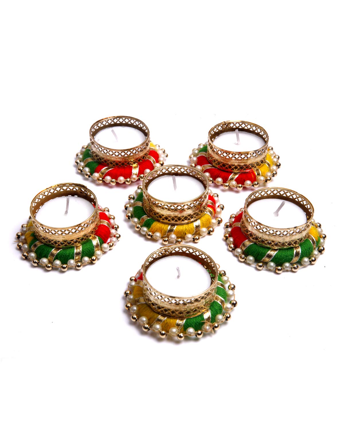Handcrafted TeaLight Candle Holders Pack of 6 Units for Diwali Decoration/Diya with Candles, Metal