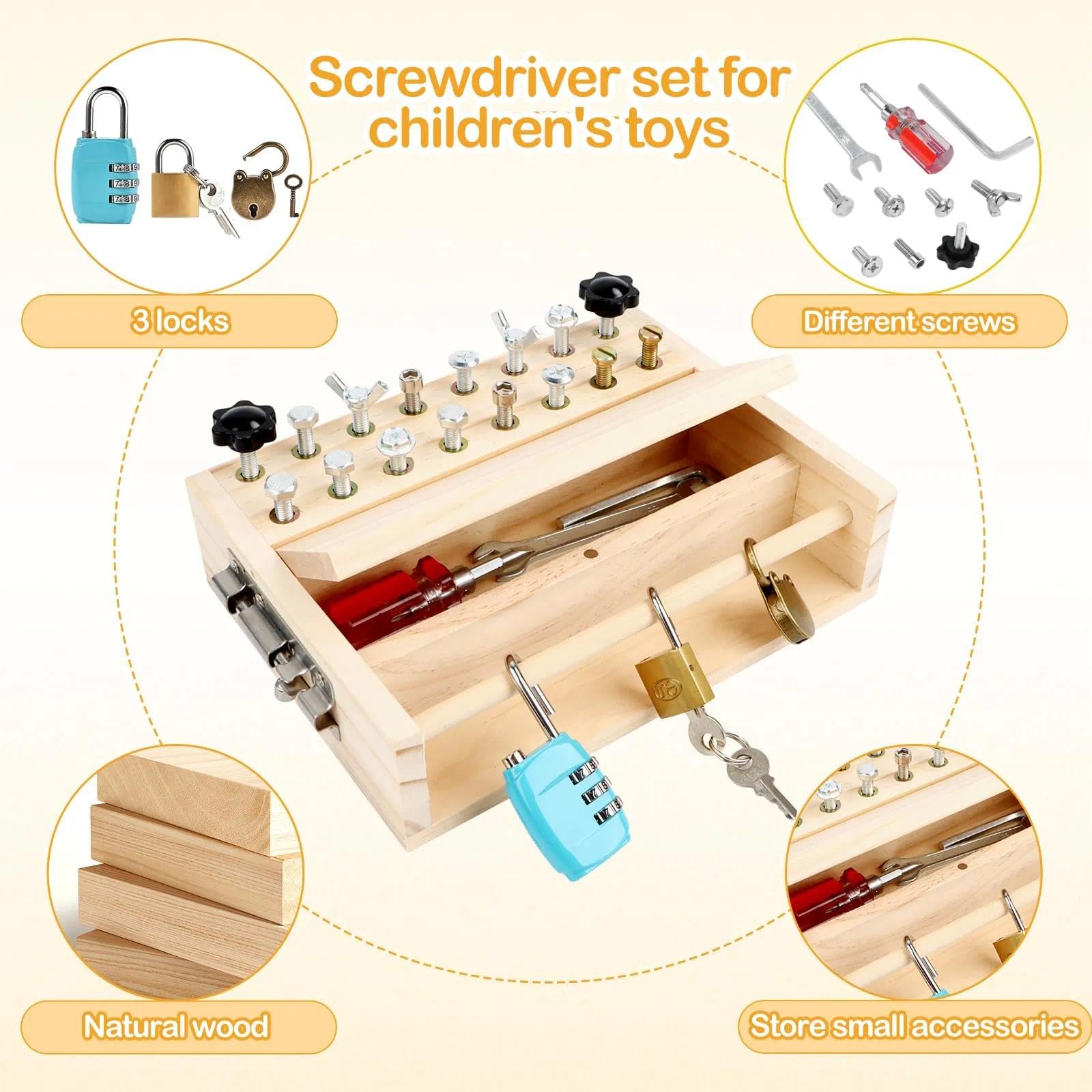 DINORUN Busy Board Montessori In Legno Con Cacciavite: Giocattolo Educativo Da Viaggio 3-6 Anni Con Borsa
