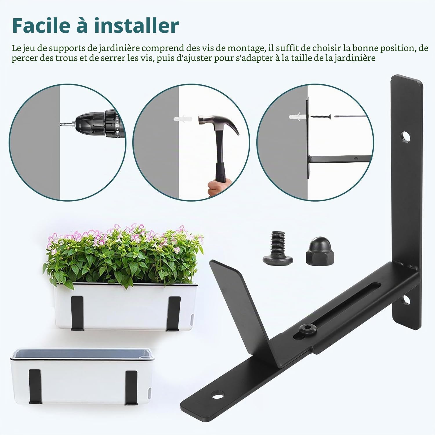 LATERN 4 Pièces Supports de Jardinières de Fenêtre, 15CM - 30CM Réglables Jardinière Support Robuste Métal Jardinière Fixation Murale Crochet pour Balcon Clôtures Terrasse Jardin Mur Rampes Rebord