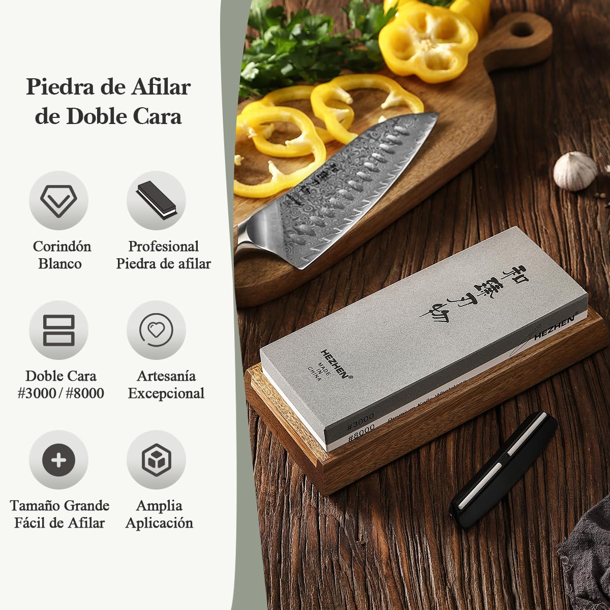 HEZHEN Piedra de Afilar Grande de Corindón Blanco, Grano 3000/8000 Doble Cara Afilador de Cuchillos Profesional, con Base Antideslizante de Madera, Guía de Ángulo y Piedra de Aplanamiento