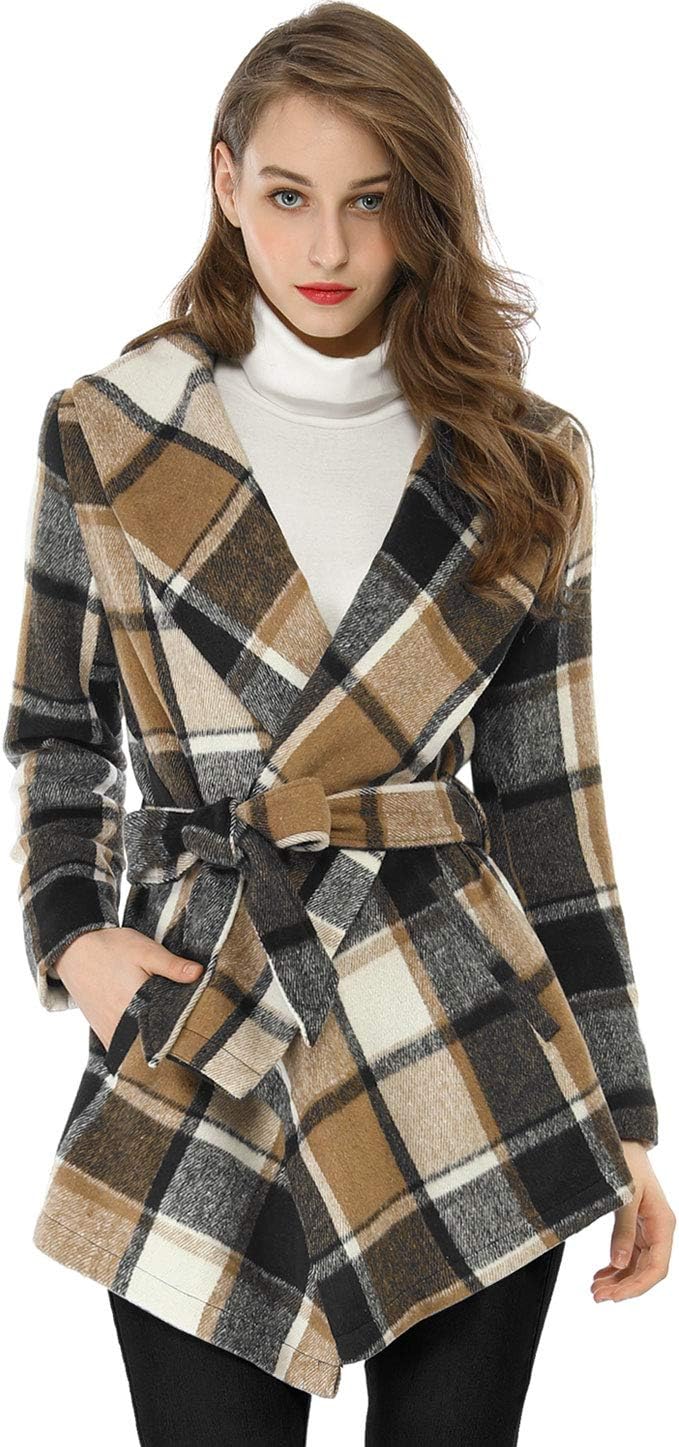 Allegra K Women's Turn Down Collar Asymmetric Hem Thin Plaids Wrap Coat - Image 2