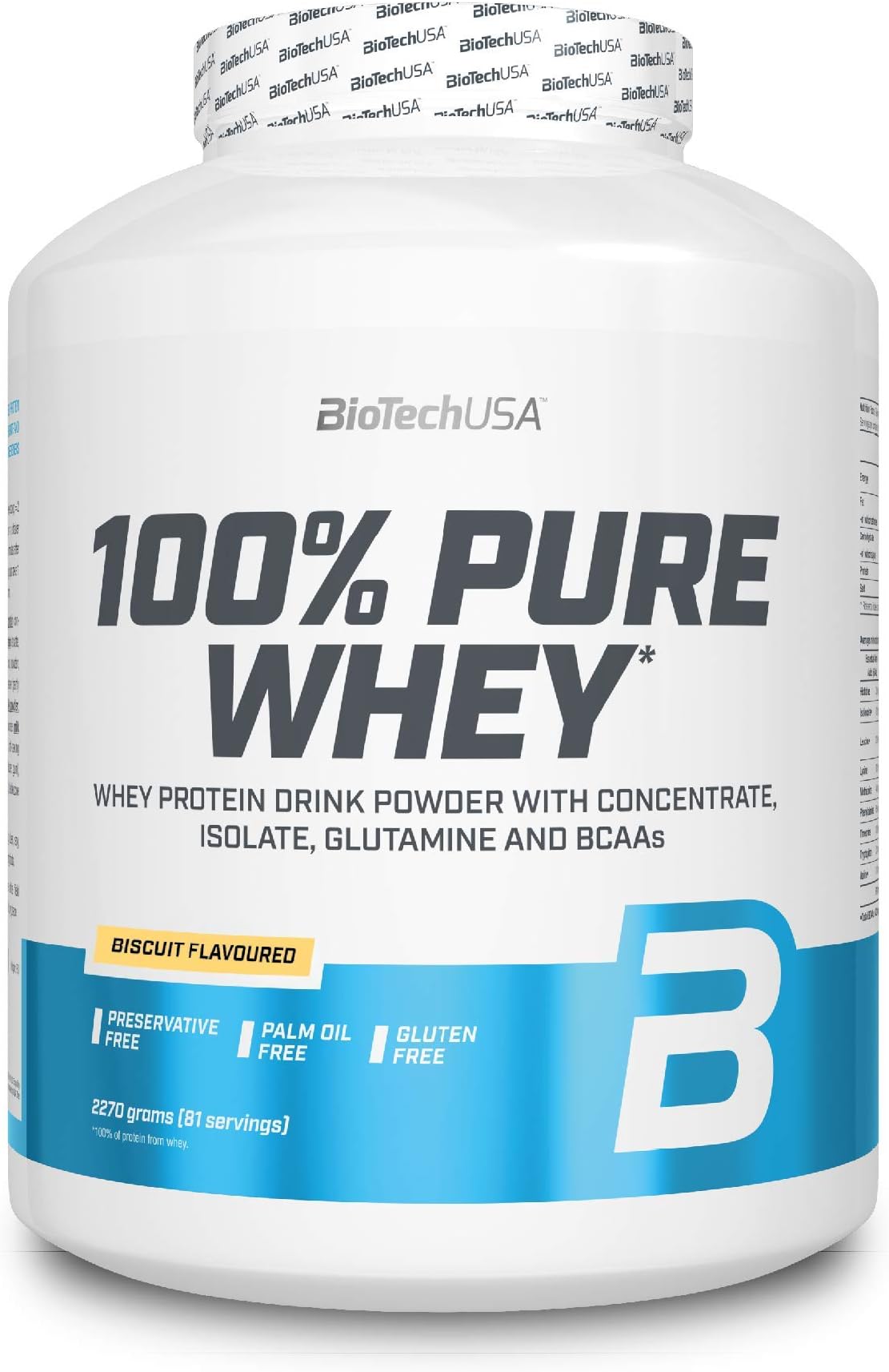 BioTechUSA 100% Pure Whey Protein Complex with Added Amino acids and sweeteners, Gluten Free, Palm Oil Free, 2.27 kg, Biscuit