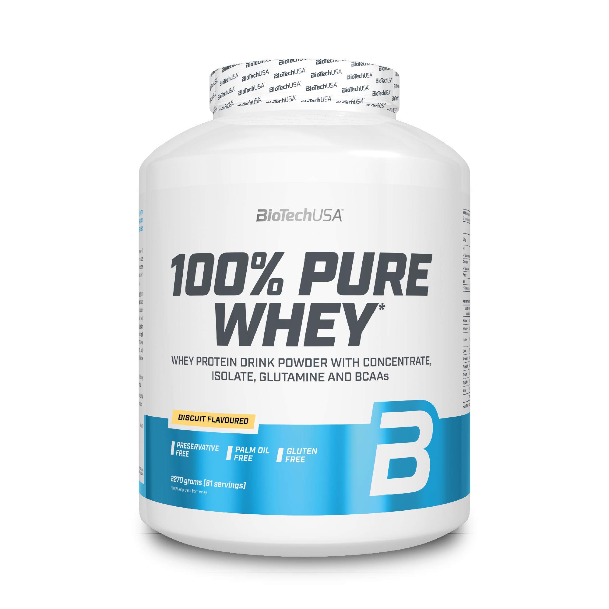 BioTechUSA 100% Pure Whey Protein Complex with Added Amino acids and sweeteners, Gluten Free, Palm Oil Free, 2.27 kg, Biscuit