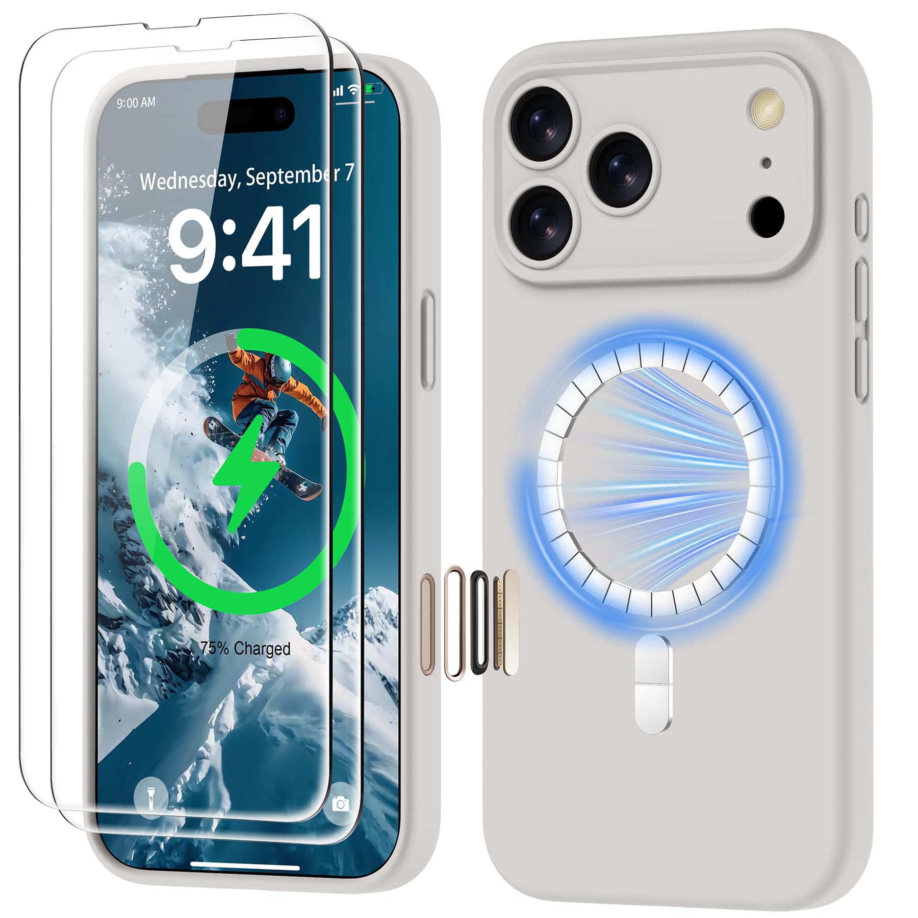 GOODVISH Magnetica Silicone Cover per iPhone 17 Pro Max 6.9", Custodia con 2x Vetro Temperato [Pulsante Controllo Fotocamera] 360° Protezione Anticaduta Case per Antiurto Resistente, Grigio Pietra