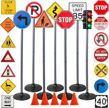 Attatoy Large Traffic Signs Playset 32pc Set, 42in Tall Street Sign and Traffic Light Set for Play with Ride-On Cars and Vehicles