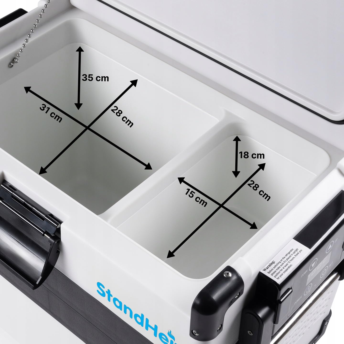 Tragbare Kühlbox Weiß Kompressor 42L Beste Lösung für Wohnmobile und Autos, ideal für Camping, mit Gefrierfunktion bis -20°C, betrieben mit 12V, 24V und 230V, leise und energiesparend.