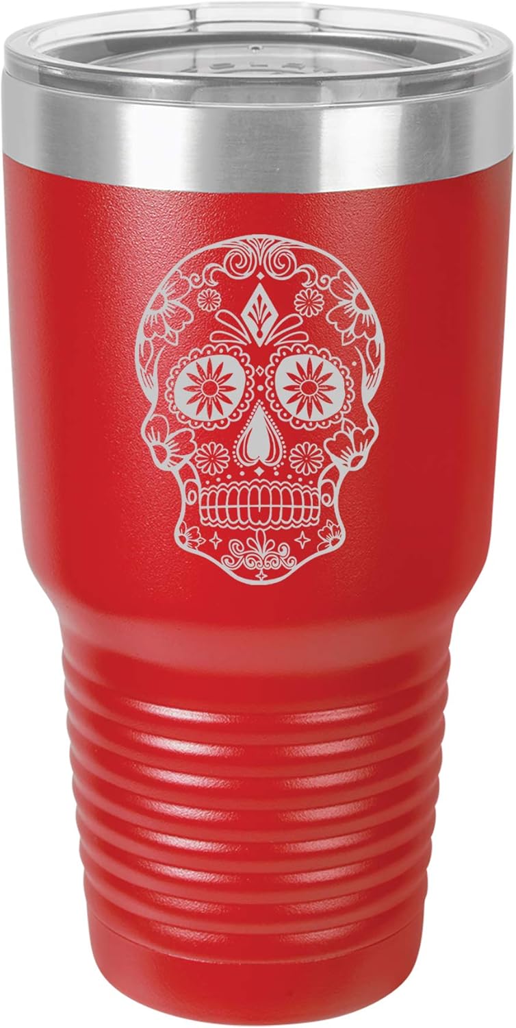 Tumbler Stainless Steel Vacuum Insulated Travel Mug Sugar Candy Skull (Red, 30 oz)