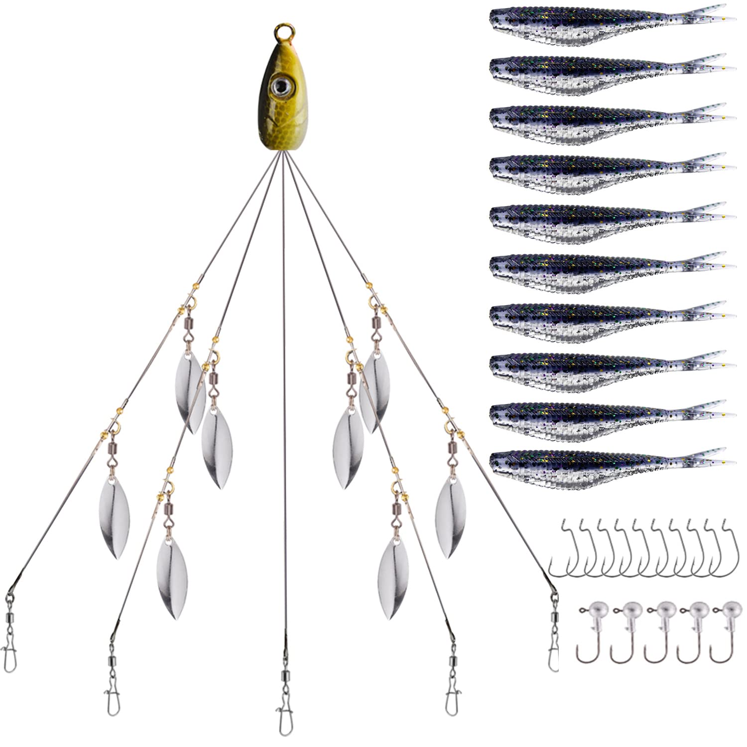 XhuangTech Przynęty Alabama Rig, 5 ramion Alabama Parasol Rig z miękkim ogonem wiosłowym do pływania przynęta basowa haczyk na szczupak / pstrąg / Crappie w słodkiej lub słonej wodzie