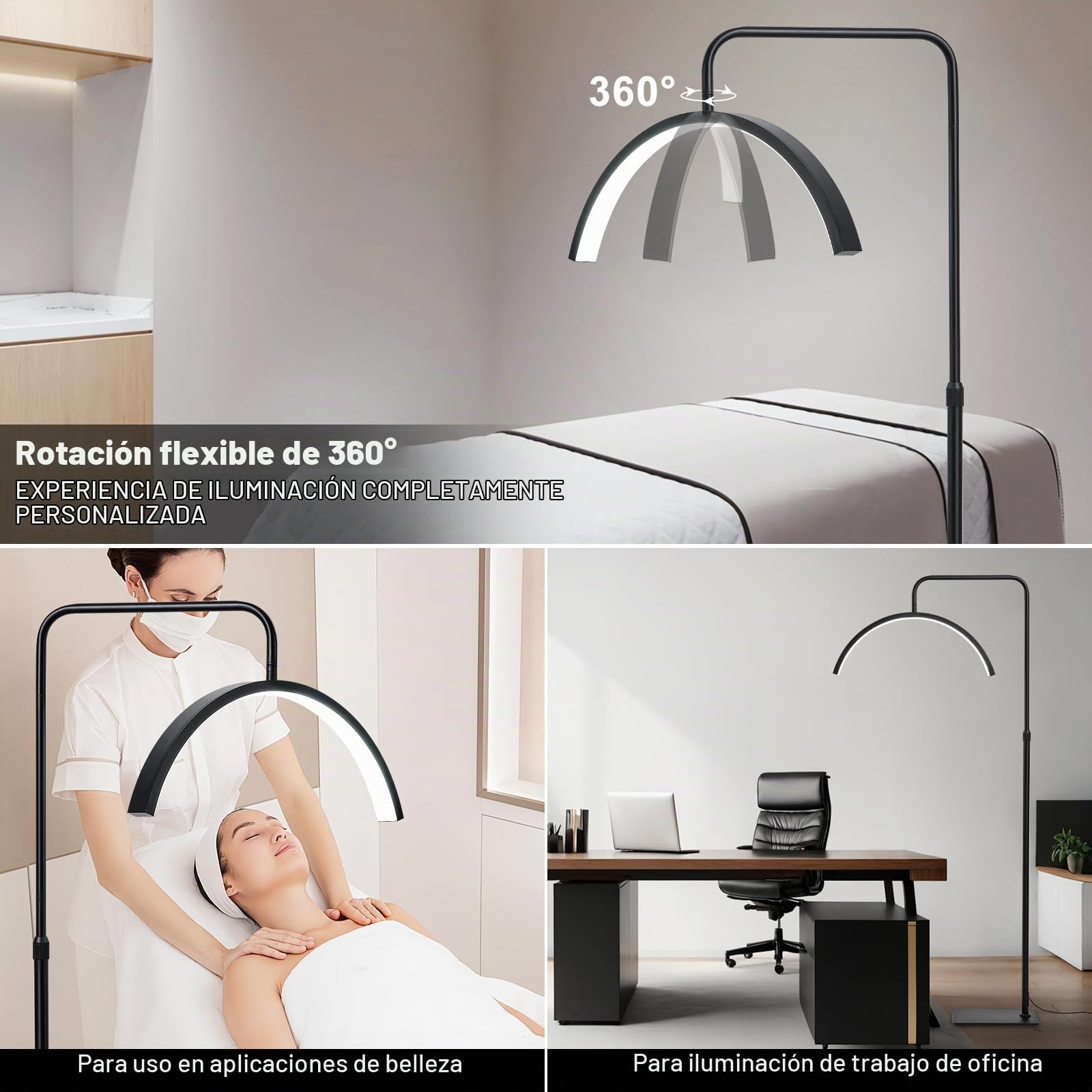 Lampara de Pie Curvada Forma de Media Luna Cabezal Ajustable 360° Altura Ajustable Lámpara de Pie LED Atenuación 3 Colores Extensión Pestañas y Nelleza Luz Relleno Diaria Lampara de Pie Salon