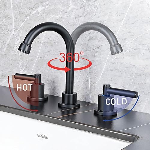 Miniatura 3 de Grifo de baño de 3 agujeros, 8 pulgadas, grifo de lavabo de baño negro con desagüe desplegable y mangueras de suministro, llaves para lavamanos de