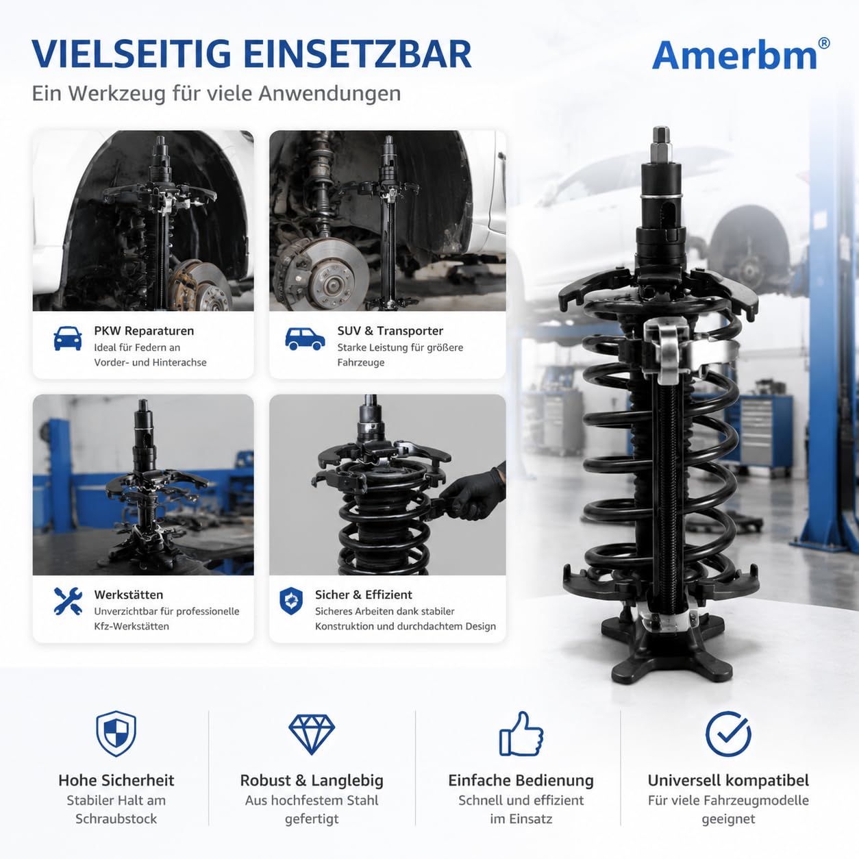 Profi McPherson Federspanner 2300kg – Universal Federbeinspanner Set für KFZ Stoßdämpfer & Fahrwerk – Sicher für Schraubstock – Kompatibel mit BMW, VW, Mercedes W211 W447