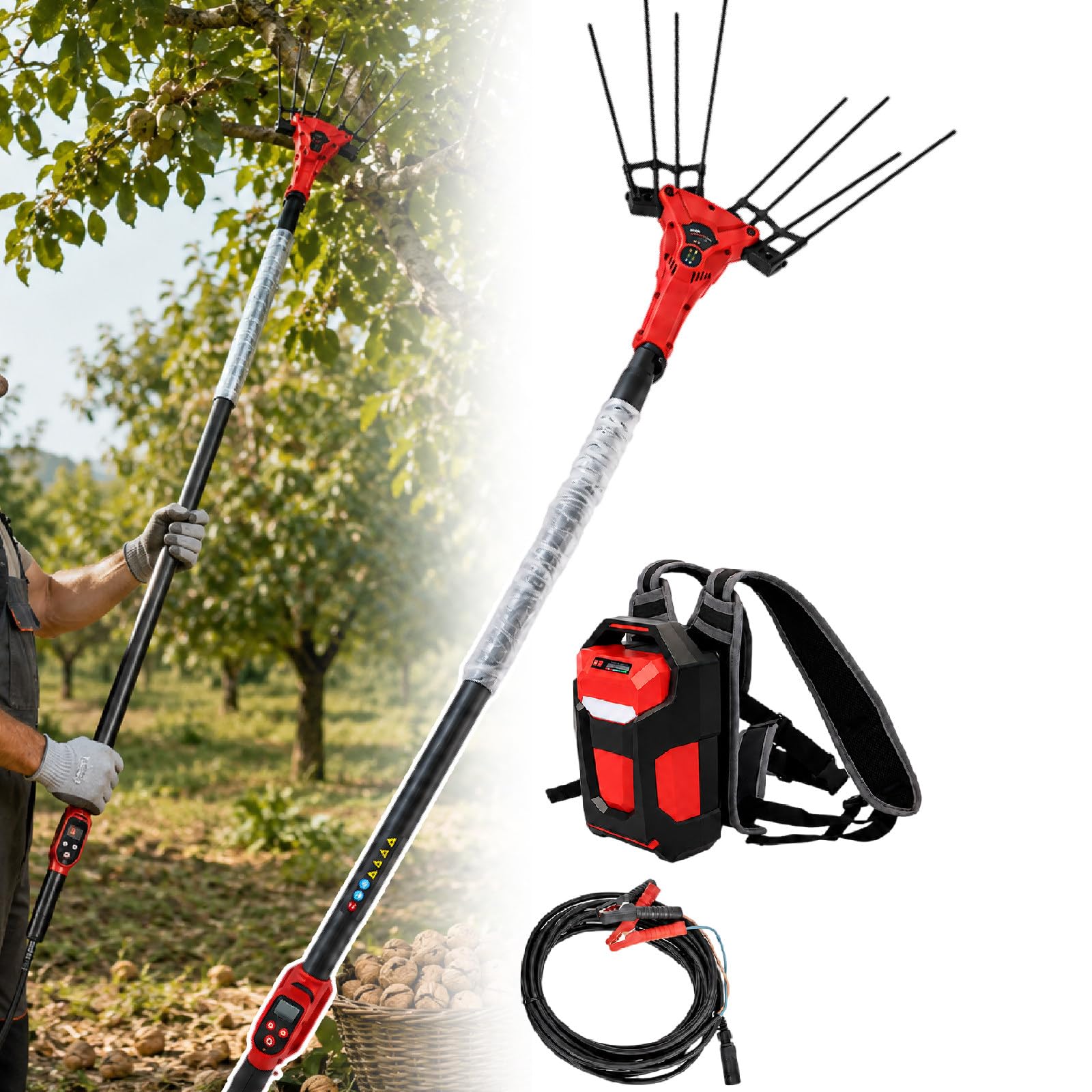 Recolector Eléctrico De Aceitunas, Máquina De Recolección De Aleación De Aluminio con Pértiga Telescópica De 2 A 3 M, 6 Niveles De Vibración Ajustables, Mango con Pantalla Led 250w