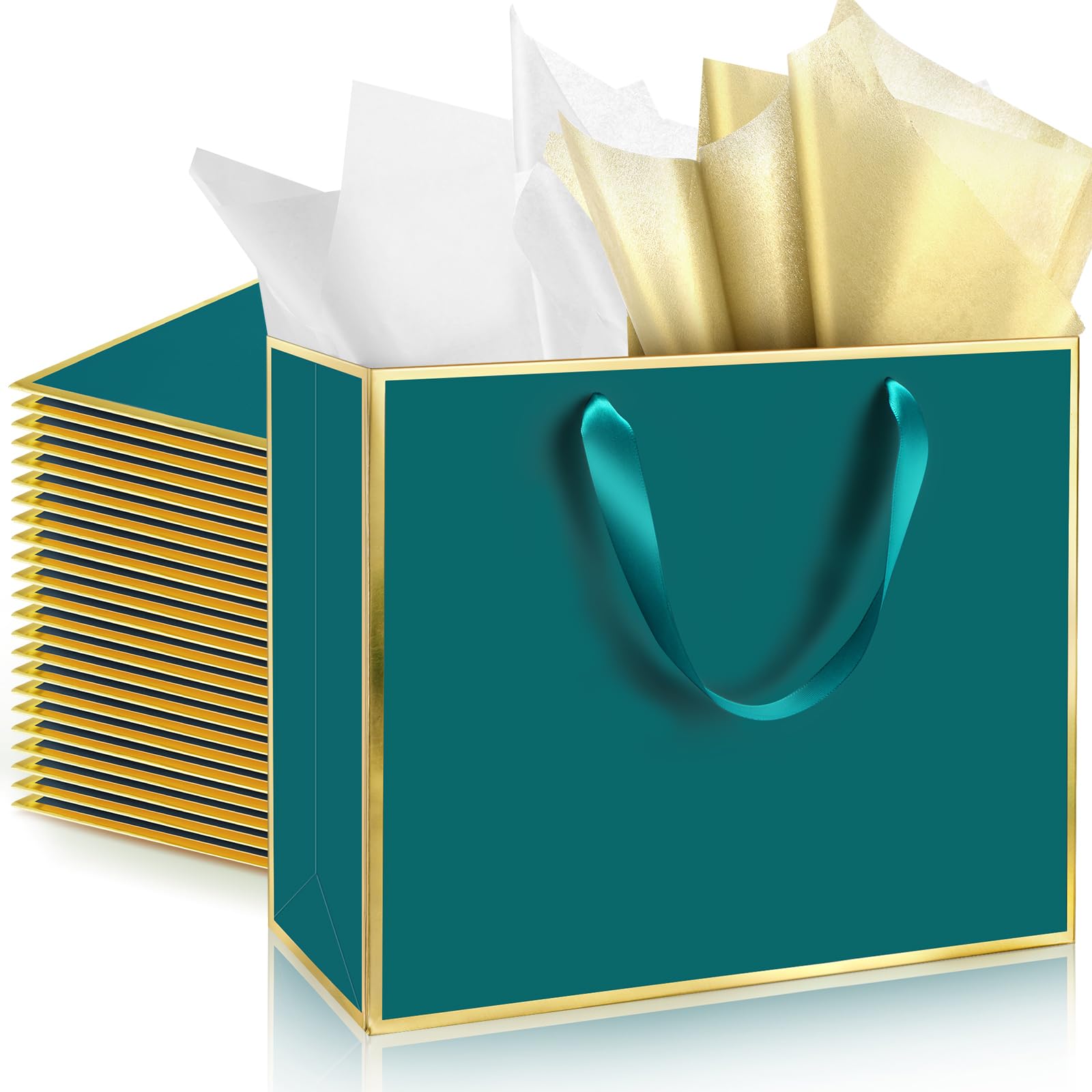 ReliThick 12 Pack Metallic Paper Gift Bag with Handles and Tissue Paper 11.8 x 10 x 4'' Thank You Favor Bag for Wedding Bridesmaid Groomsmen 5 Senses Birthday Gifts (Turquoise,Gold)