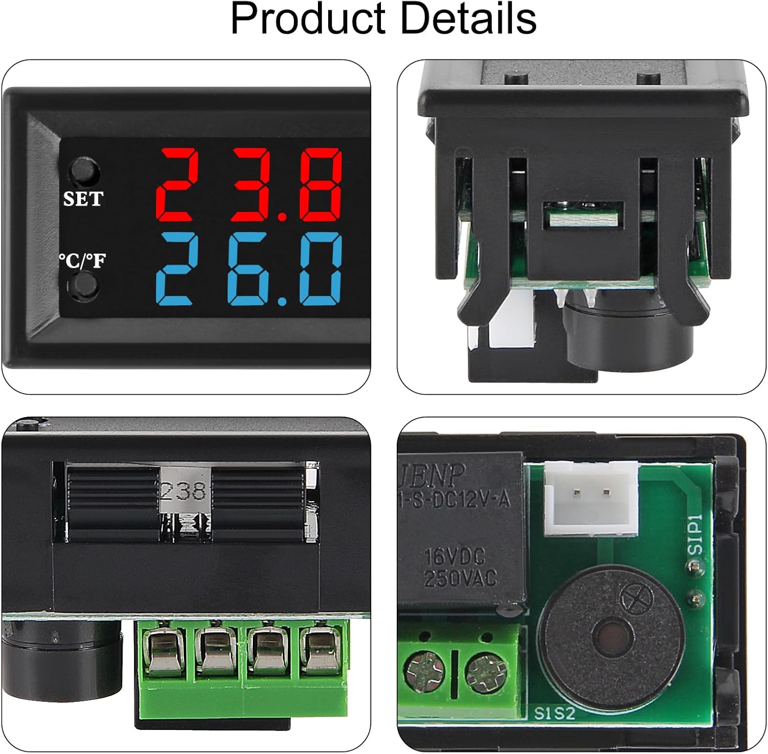 4pcs Temperature Controller -50 to 110 Celsius (-58 to 230 F) DC 12V Programmable Heating/Cooling Thermostat Control Switch Module NTC Waterproof Sensor Probe Dual Color LED Display Monitor
