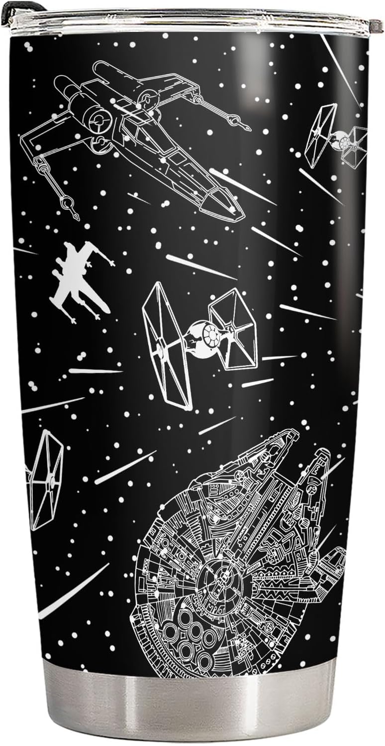 34HD Starship Space Tumbler 20oz Stainless Steel Insulated - Funny Galaxy Spaceship Gift for Sci-Fi Fans - Double Wall Vacuum Travel Mug Black White Line Art