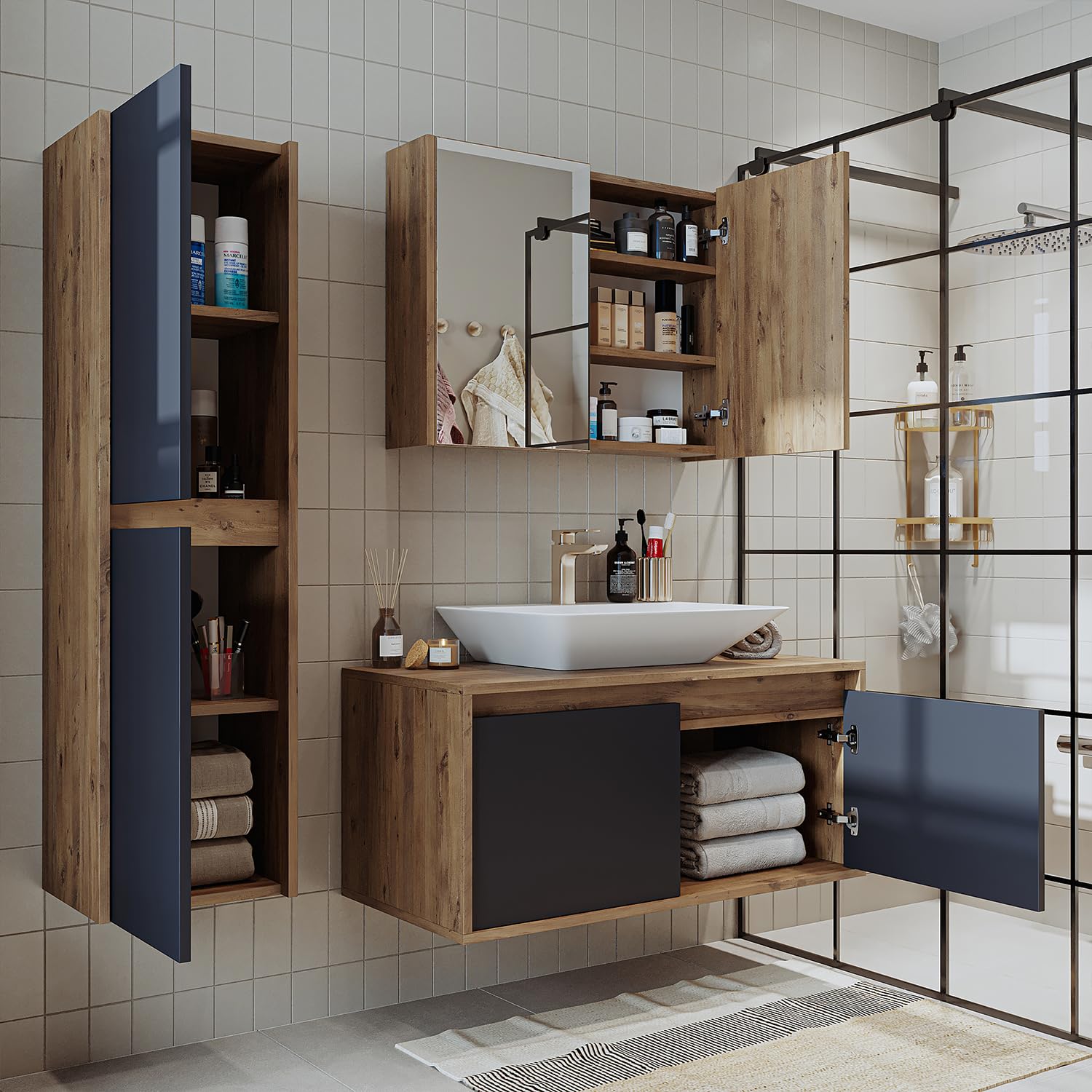 ROOMART • Badmöbel Set •Atlantic • 4 Teilig • 100 cm Unterschrank mit Keramikwaschbecken • Spiegelschrank • Hochscrank (Anthrazit Eiche)