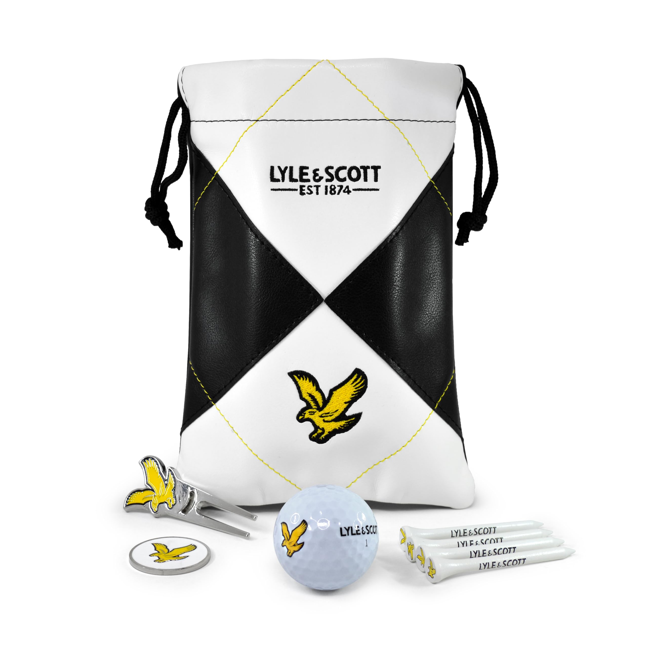 Lyle And Scott Argyle Links Pouch Gift Set – Custodia Deluxe in Pelle con Fodera in Velluto, Regalo Perfetto per Il Campo da Golf, Include Accessori da Golf: Tee in Legno, marcatore per Palline,