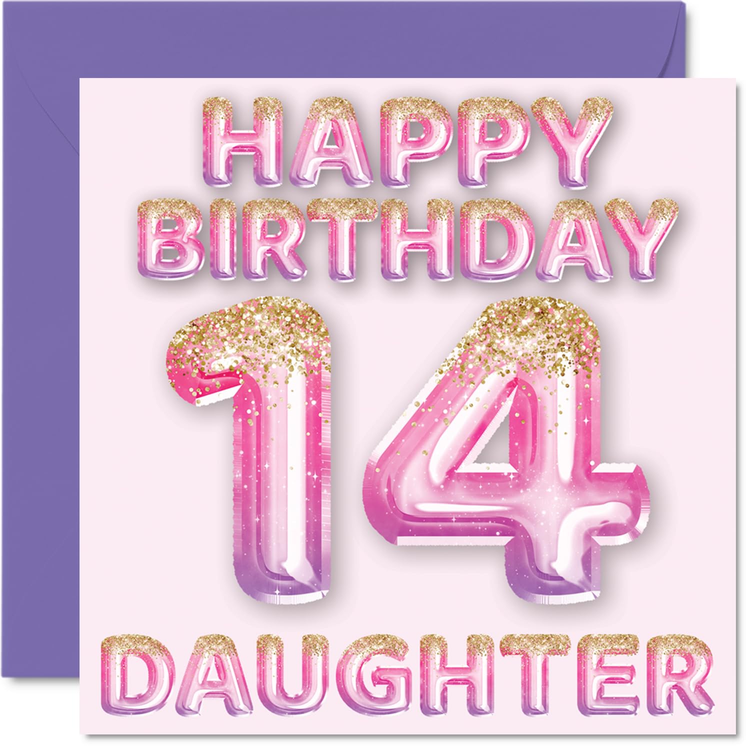 14th Birthday Card for Daughter, Pink & Purple Glitter Balloons