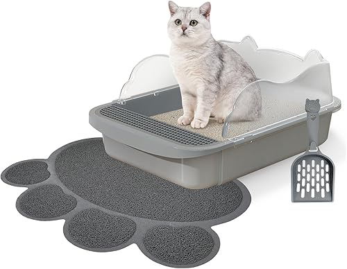 BNOSDM Caja de arena abierta para gatos con alfombrilla antideslizante y cuchara, bandeja de inodoro desmontable de pared alta para gatos de