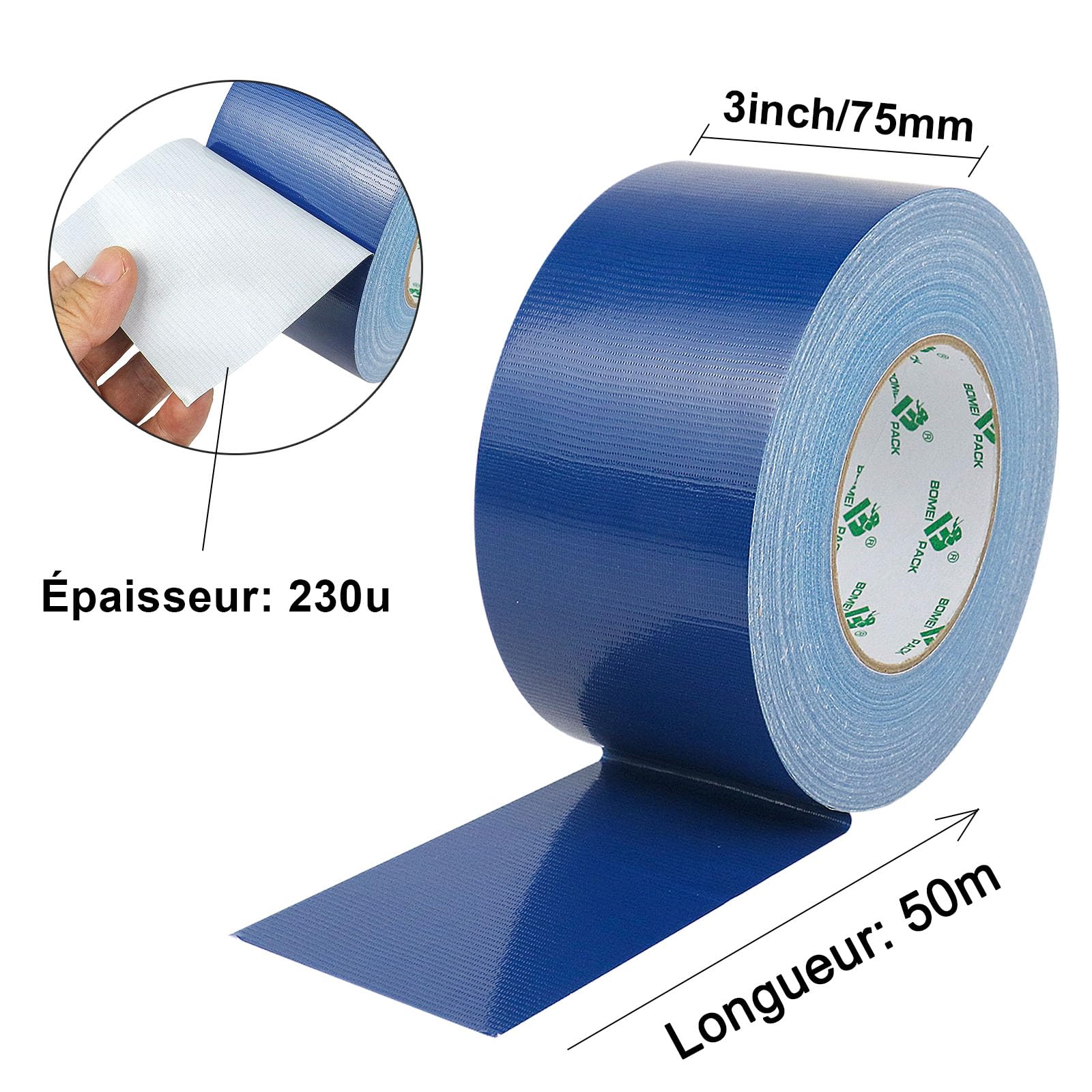 BOMEI PACK Nastro adesivo telato Heavy Duty Duct Tape, 75 mm x 50 m, per riparazione, fissaggio, sigillatura, etichettatura e ristrutturazione (blu scuro)