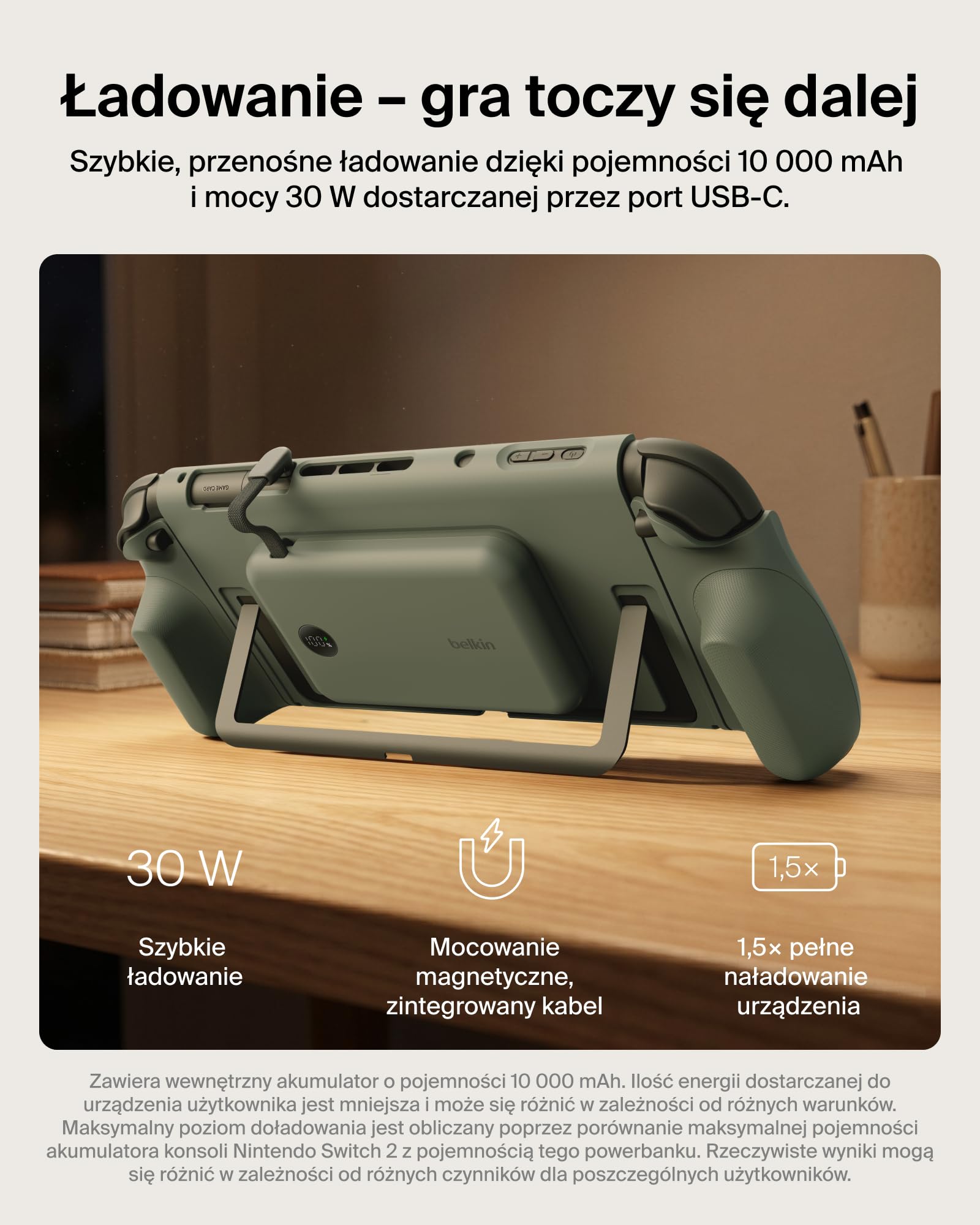 Belkin Gaming Uchwyt Ładujący do Nintendo Switch 2, 10 000 mAh – Zielony | Odłączany Powerbank Magnetyczny 10 000 mAh, 30 W, Zgodny z Podpórką, Ergonomiczny Uchwyt Antypoślizgowy, Wyświetlacz