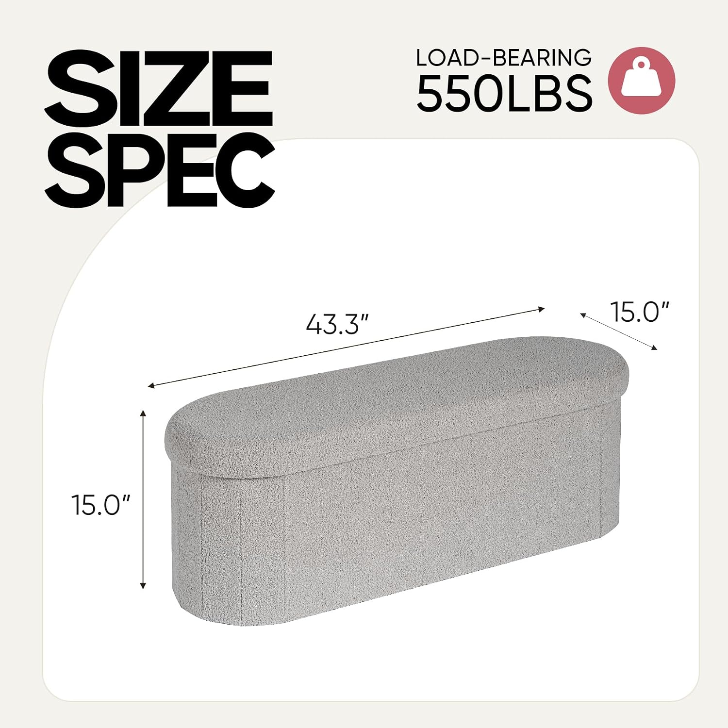 43 Inches Oval Ottoman with Storage, Boucle Sherpa Storage Ottoman Bench, Folding Foot Rest Chest for Bedroom Living Room 43"D x 15"W x 15"H Grey