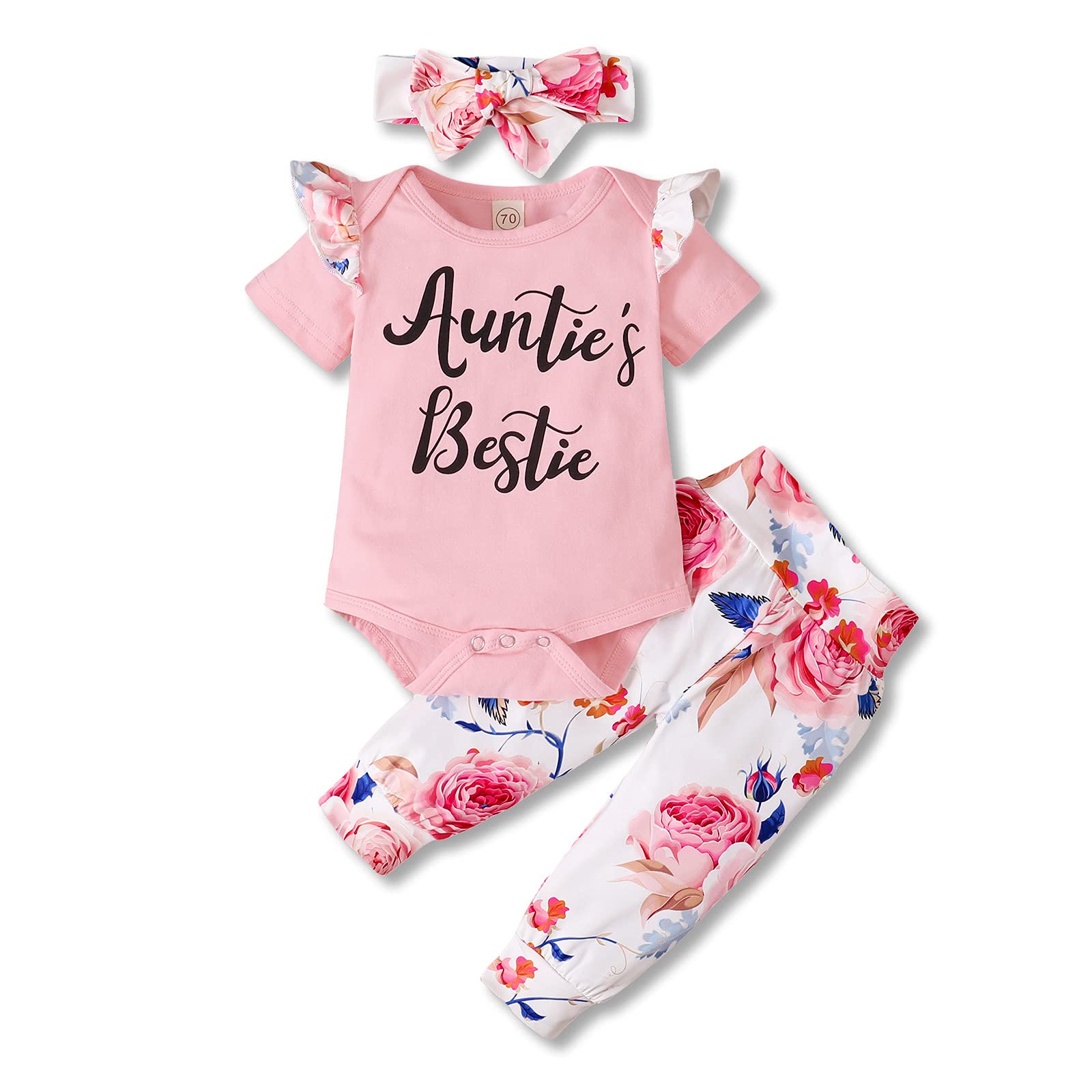 Auntie's Bestie Newborn Baby Girl Clothes Set Ruffle Short Sleeve Romper Floral Pants Headband Outfits Set