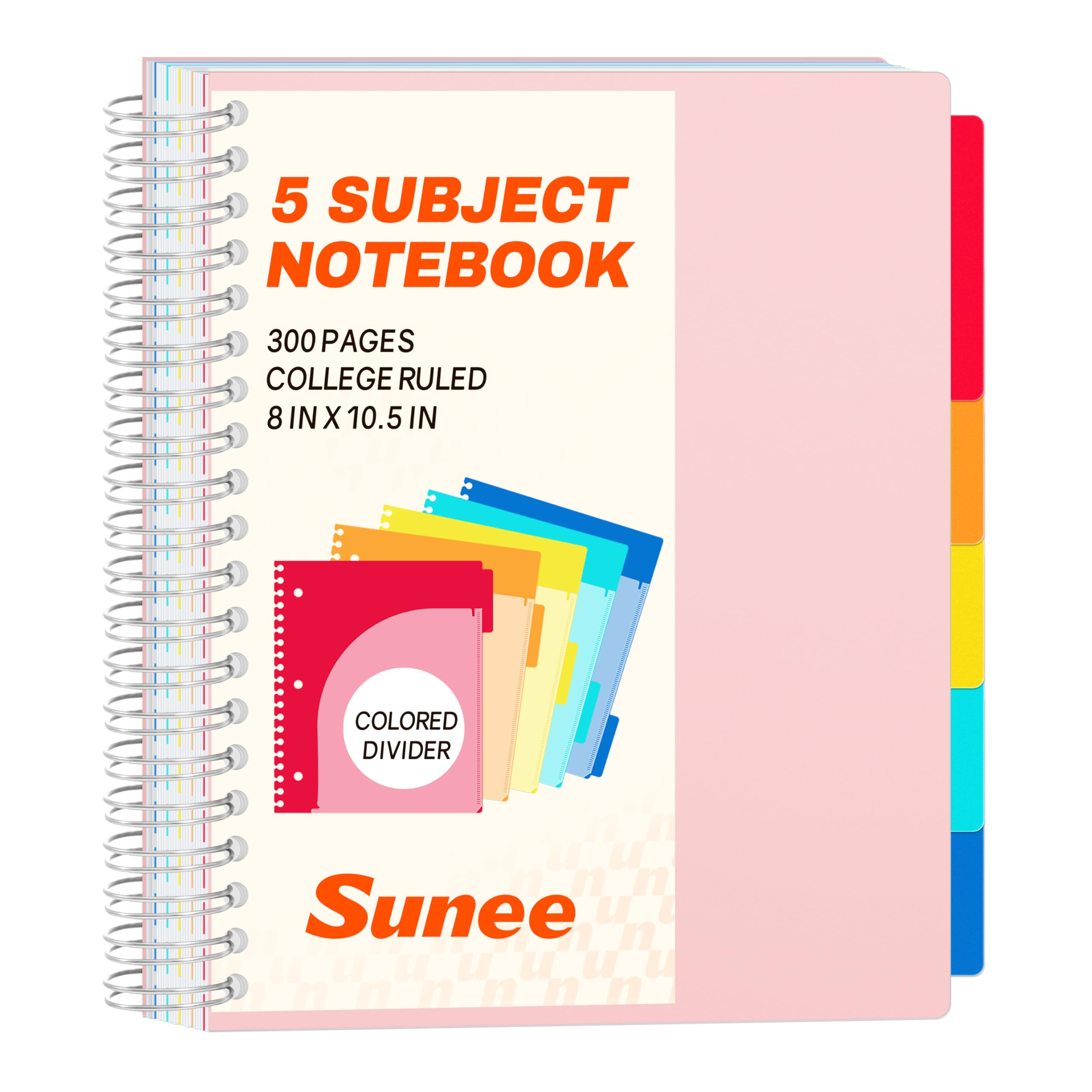 SUNEE Quaderni a spirale per lavoro con divisori e linguette rimovibili - 5 soggetti a righe, 300 pagine, 3 fori, copertina in polipropilene resistente, 20,3 x 26,7 cm, per ufficio o scuola, rosa