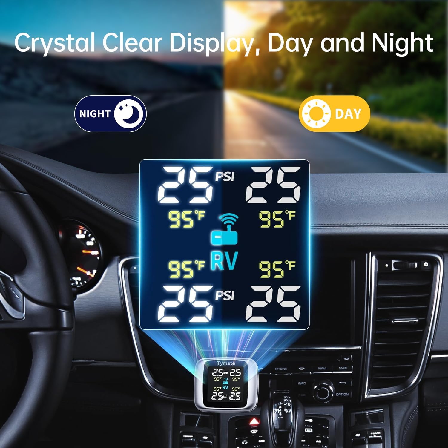 Real-time TPMS Trailer Tire Pressure Monitoring System, Wireless TPMS Sensors Set of 4 External Tire Pressure Sensors with Alarm Modes for RV SUV MPV Truck Sedan (0-87 PSI)