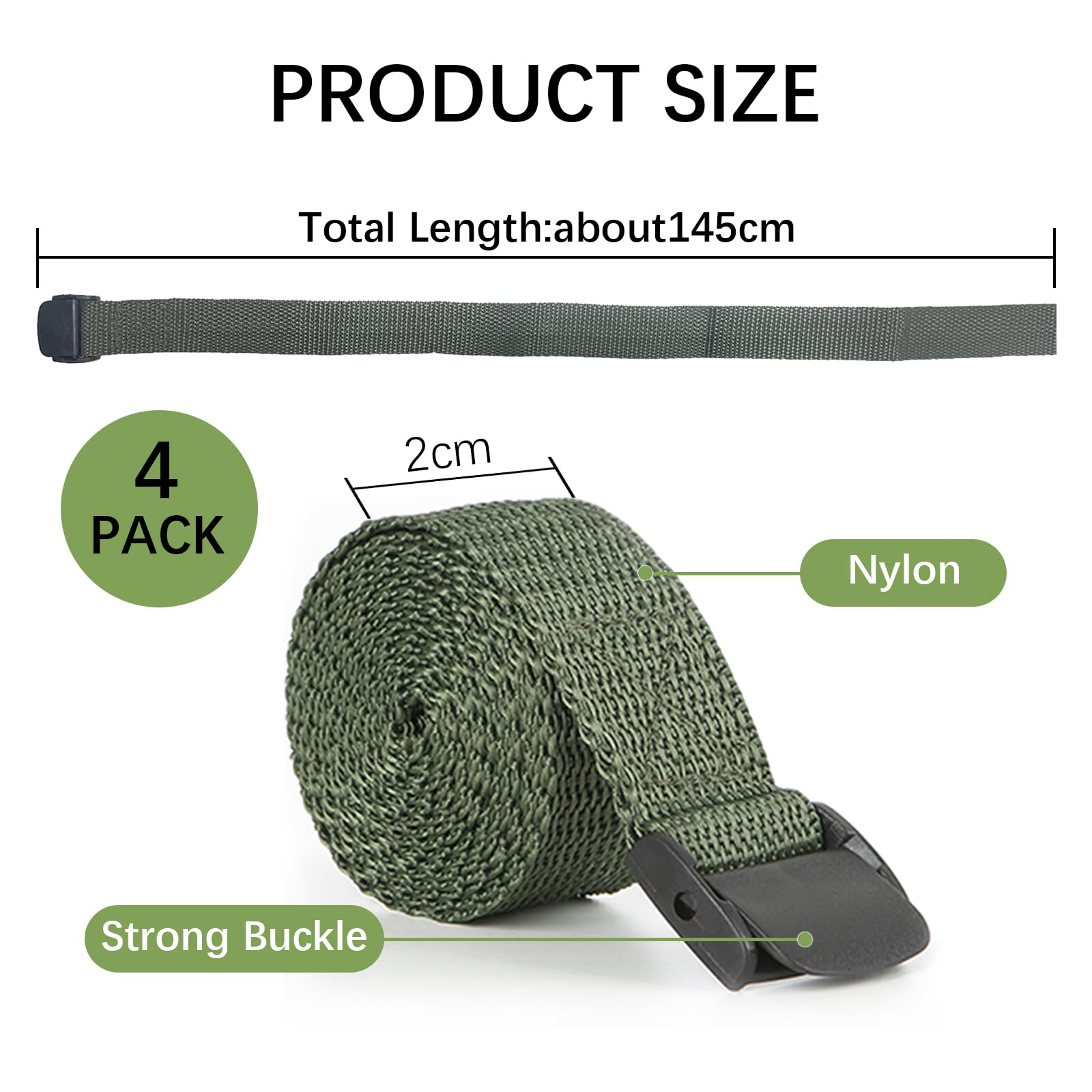 Acuxiaza 4 PCS Green Trail Camera Straps Wildlife Trail Camera Mounting Straps 145cm Heavy Duty Nylon Straps with Cam Buckles Tie Down Cinch Straps Nylon Fiber Straps for Hunting Camera Accessories