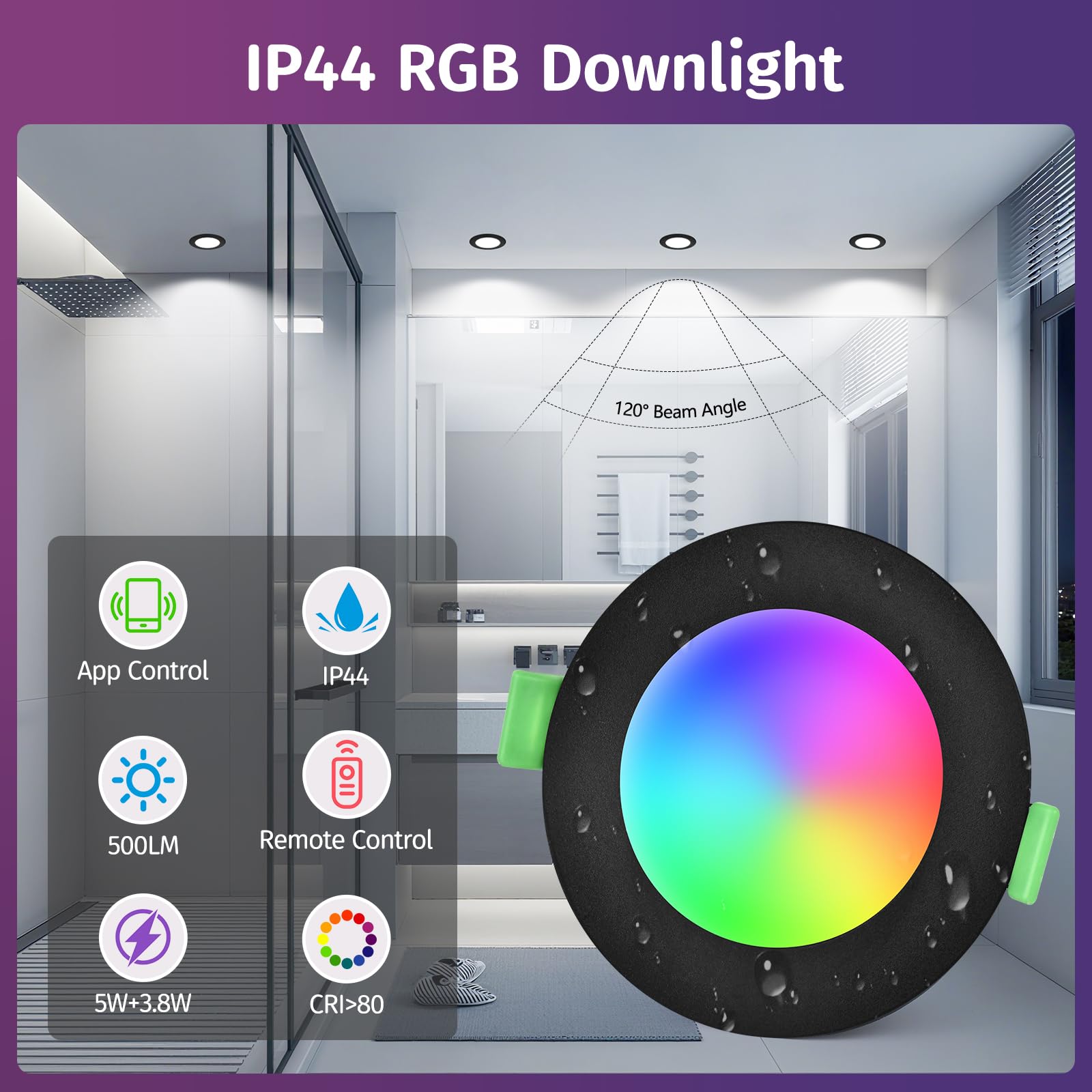 Bluetooth LED Faretti da Incasso RGB 230V 2700-6500K IP44 65-80mm 6PCS Nero | YindaLux 5W 500LM Faretti Da Soffitto Dimmerizzabili Controllo con App e Telecomando Bagno Soggiorno e Mobili
