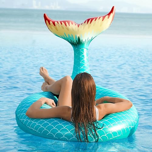 Miniatura 6 de Jasonwell Flotador inflable gigante de cola de sirena con válvulas rápidas, flotadores de piscina, tubo de verano, playa, piscina, fiesta, balsa de