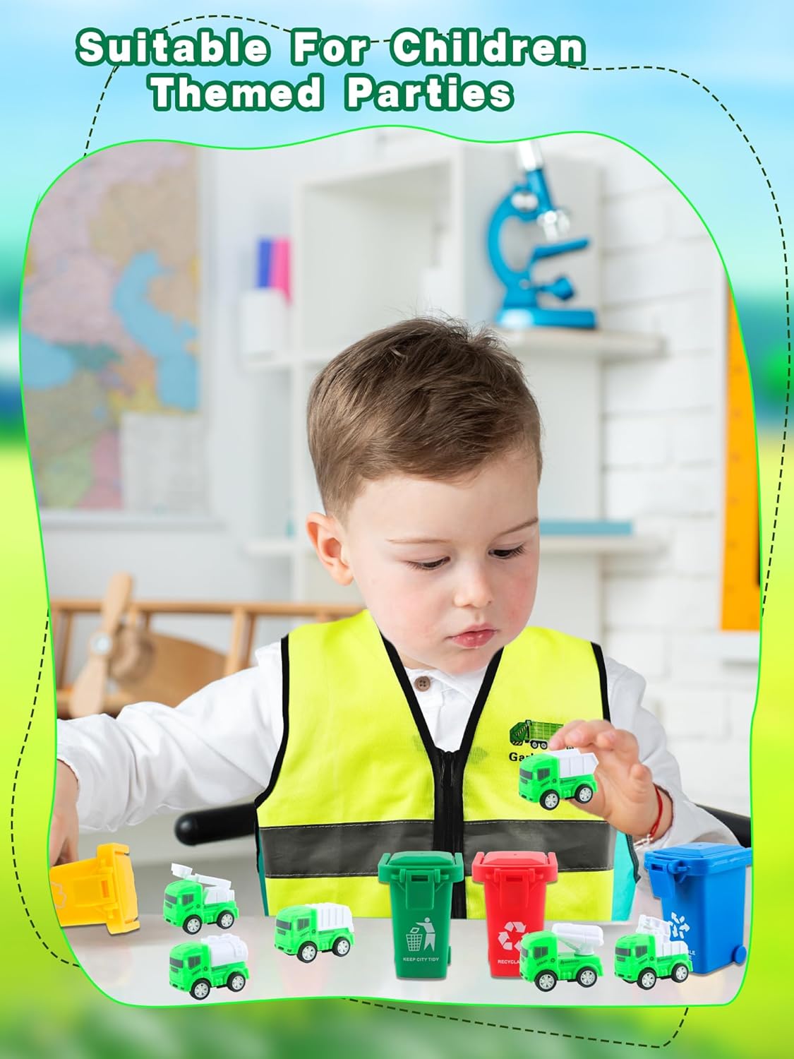 26 Pcs Kids Garbagemen Costume Outfit Include Recycle Trash Vest Waste Management Truck Recycle Hat Gloves ID Card Rubbish Bin for Career Day