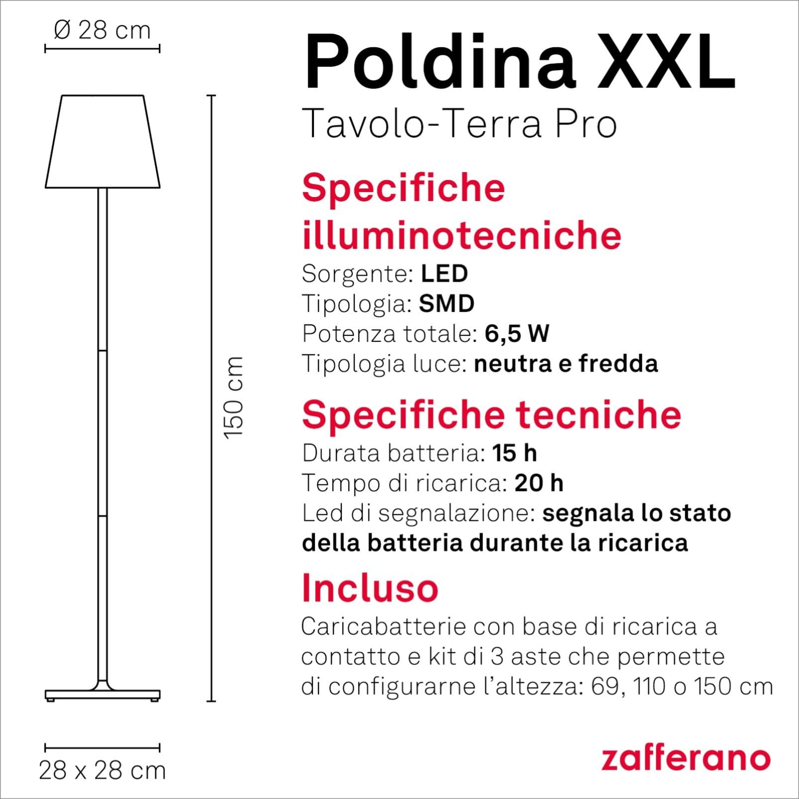 Zafferano, Poldina XXL, Lampada da Terra Ricaricabile e Senza Fili con Controllo Touch, Adatta per Salotto ed Esterni, Dimmer, 2700-3000 K, Altezza Regolabile 69-150 cm, Colore Bianco