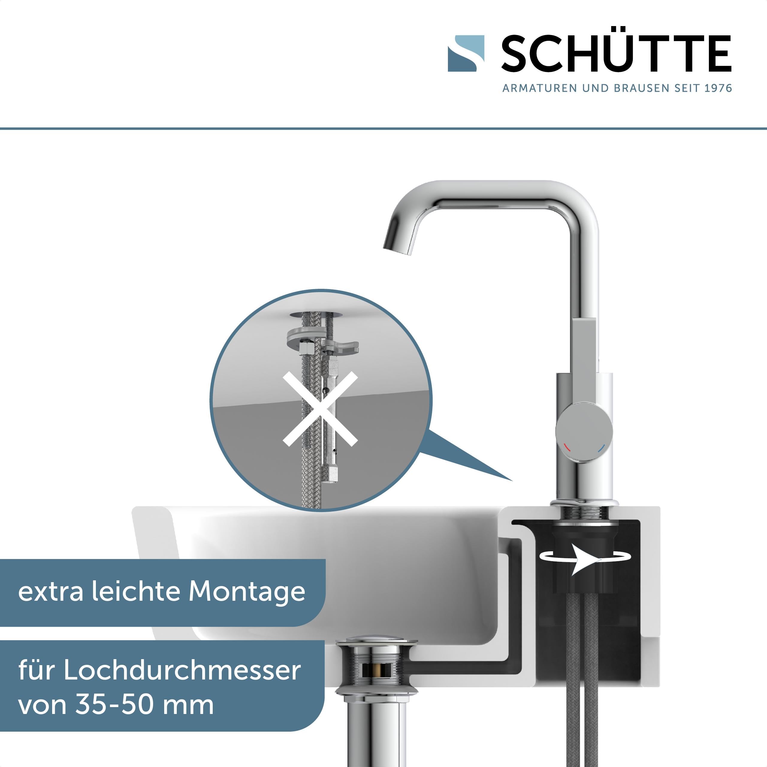 SCHÜTTE 33120 Waschtischarmatur LOS ANGELES mit hohem Auslauf, Wasserhahn für das Bad mit Pop-Up Exzenter, Waschbeckenarmatur hoch, Badarmatur mit Einhebelmischer, Mischbatterie in Chrom