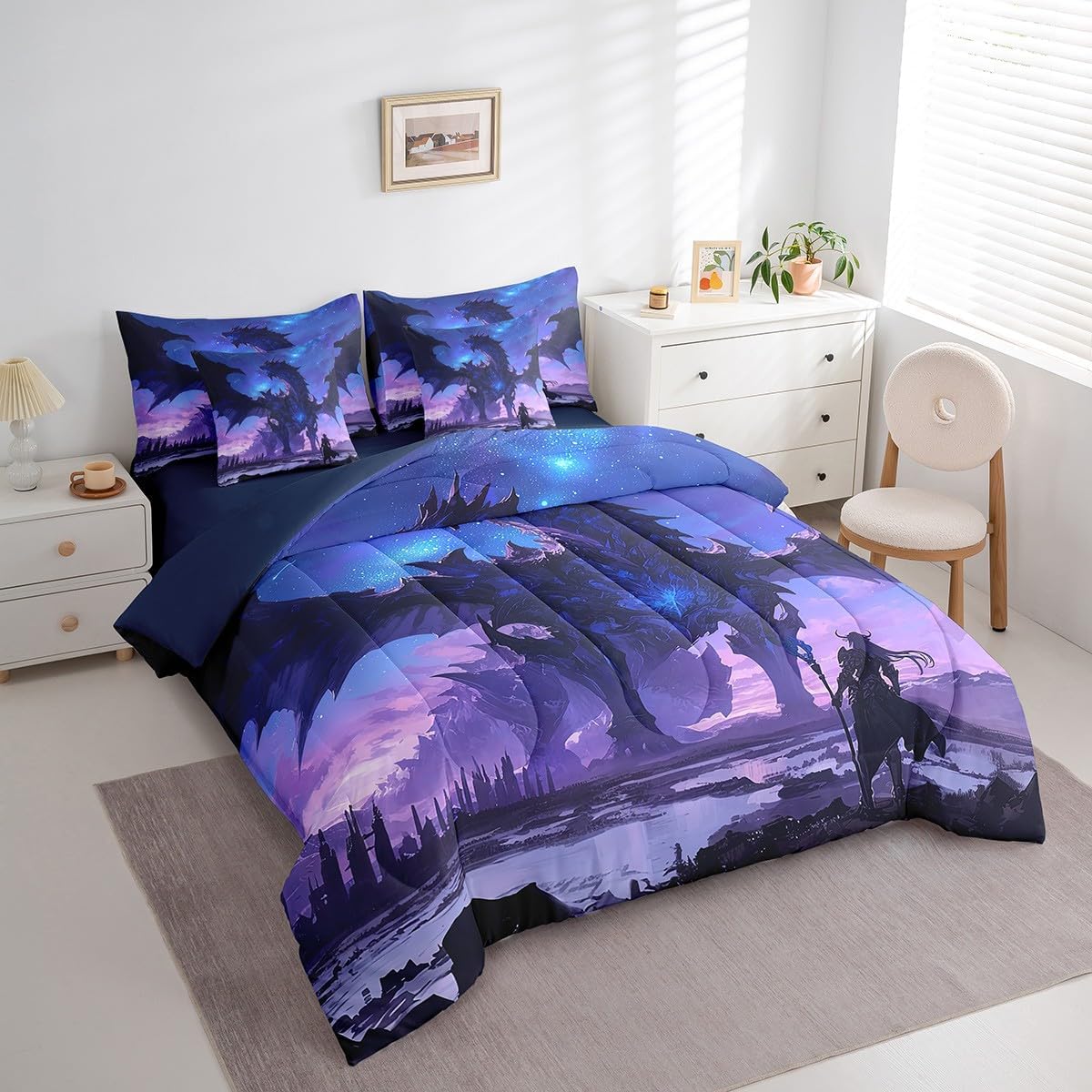 Erosebridal Queen Dragon Comforter Set 7 Piece,Kids Boys Cartoon Dragon Bed in A Bag with Sheets Western Fantasy Dragon Bedding Set for Teen Men,Galaxy Magical Animal Bed Set with Pillow Covers
