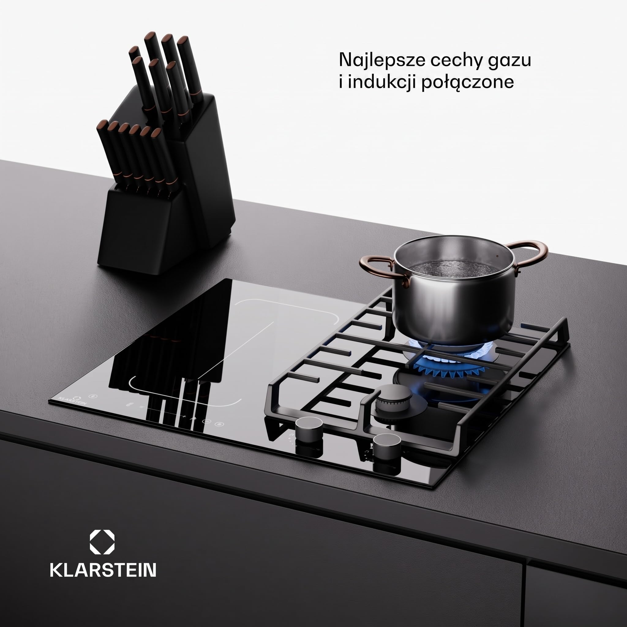 Klarstein MultiChef 4 Płyta indukcyjna z płytą gazową - 4-strefowa Flexzone, 2 palniki gazowe i 2 indukcyjne, 7 kW, suwak, Stop&Go, Timer, żeliwo, Czarny