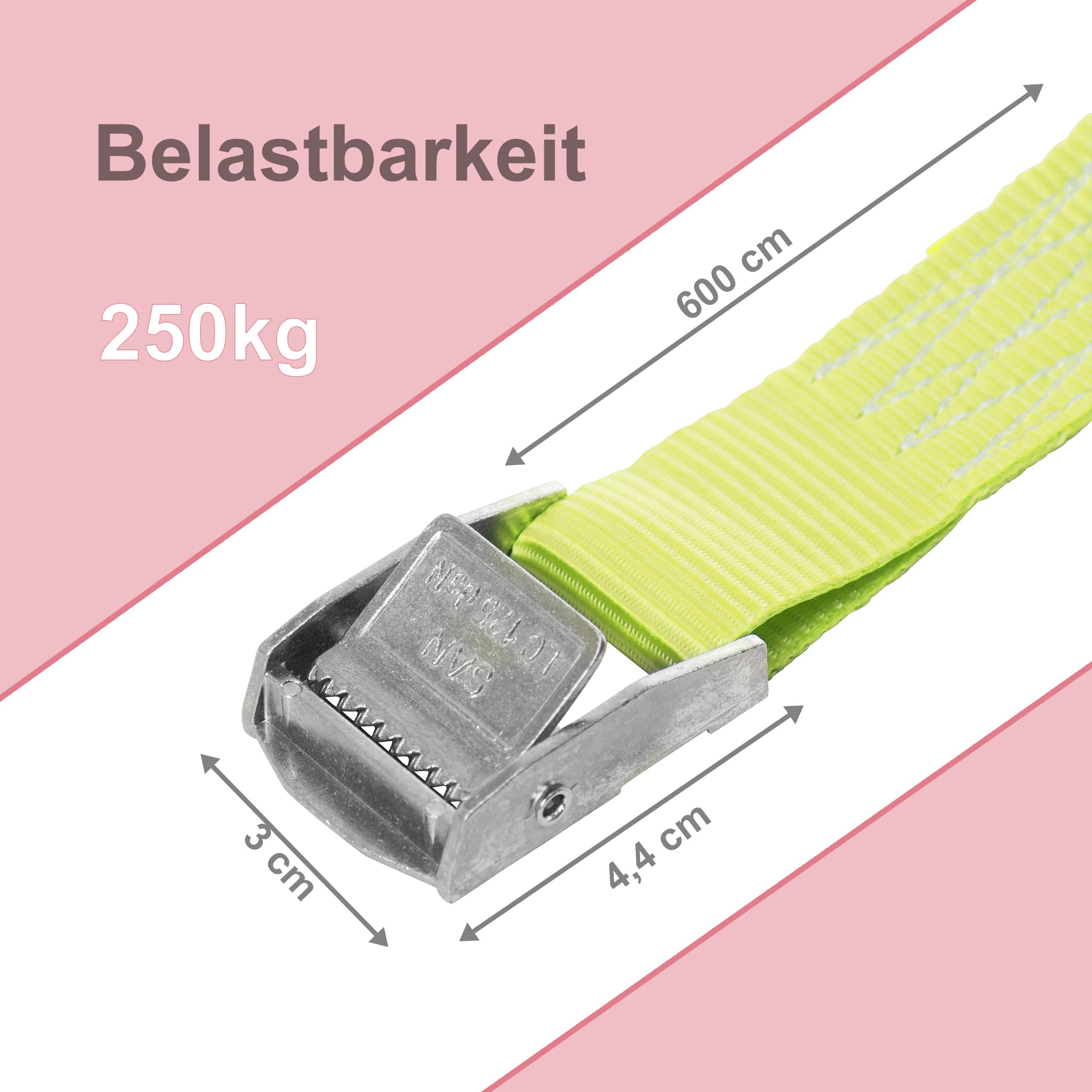 Sandax 6X Spanngurte mit Klemmschloss im Set, 6m lang, 25mm breit, neon-gelb, Zurrgurte mit Klemmverschluss kurz, belastbar bis 250kg, DIN EN 12195-2, Einteilige Befestigungsgurte Klemmschlossgurte - 5