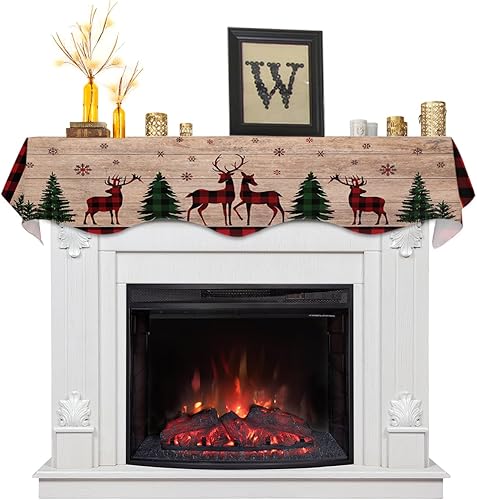 Bufanda de manto de 70 x 17 pulgadas, diseño de ciervo y árbol de Navidad verde, para chimenea, mantel y mantel de chimenea, camino para Navidad,