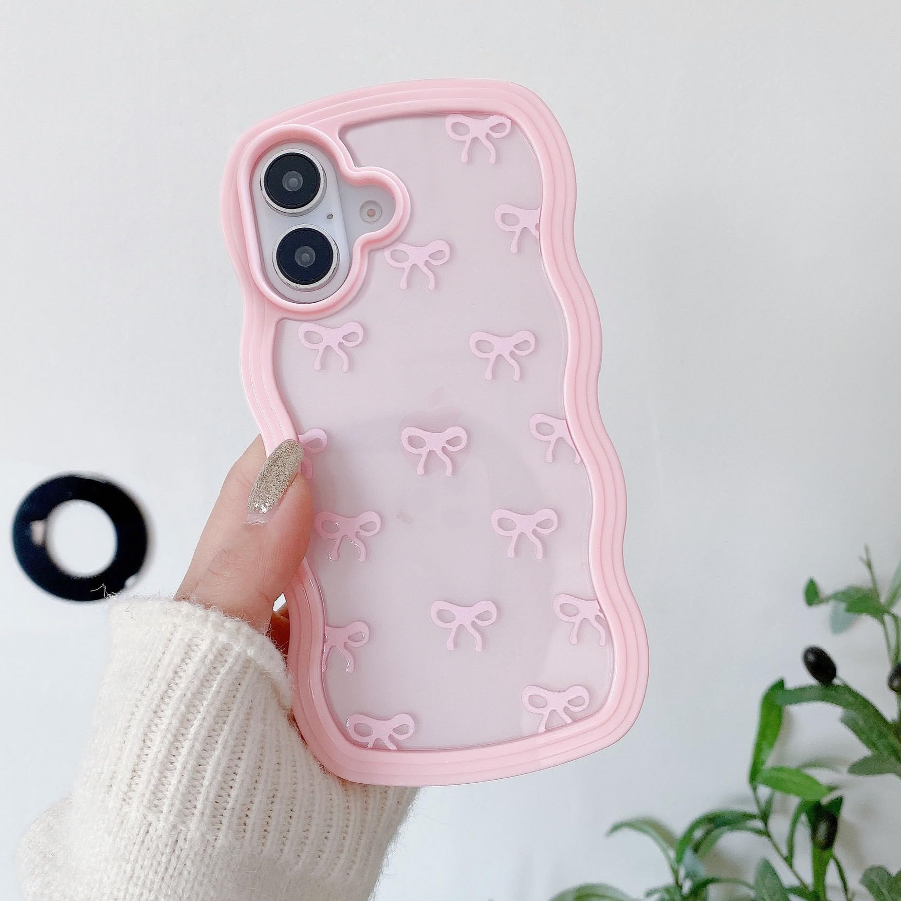 QLTYPRI Bow Case for iPhone 17, Clear Cute Ribbon Bow Phone Case Curly Wavy Aesthetic Phone Cover, Slim Soft Transparent Shockproof Protective Cover for Women Girls - Pink