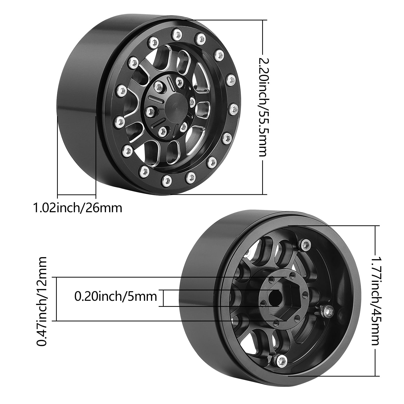 HobbyPark 1.9 Beadlock Wheels for TRX4 Axial SCX10 II III RR10 Wraith Redcat Gen 8 Gen 7 RC4WD 1/10 Scale RC Crawler Car (Black Ring)