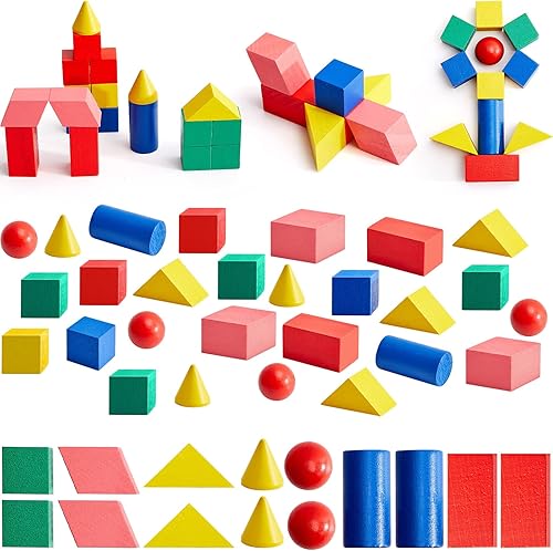 Hiboom 280 piezas de formas 3D geométricas sólidas para enseñar madera mini formas geométricas coloridas bloques educativos bloques manipulativos