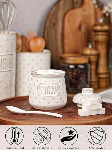 Miniatura 3 de Azucarero con tapa y cuchara, recipiente de cerámica de 10 onzas para accesorios de cocina, contenedores de almacenamiento de azúcar, decoración de
